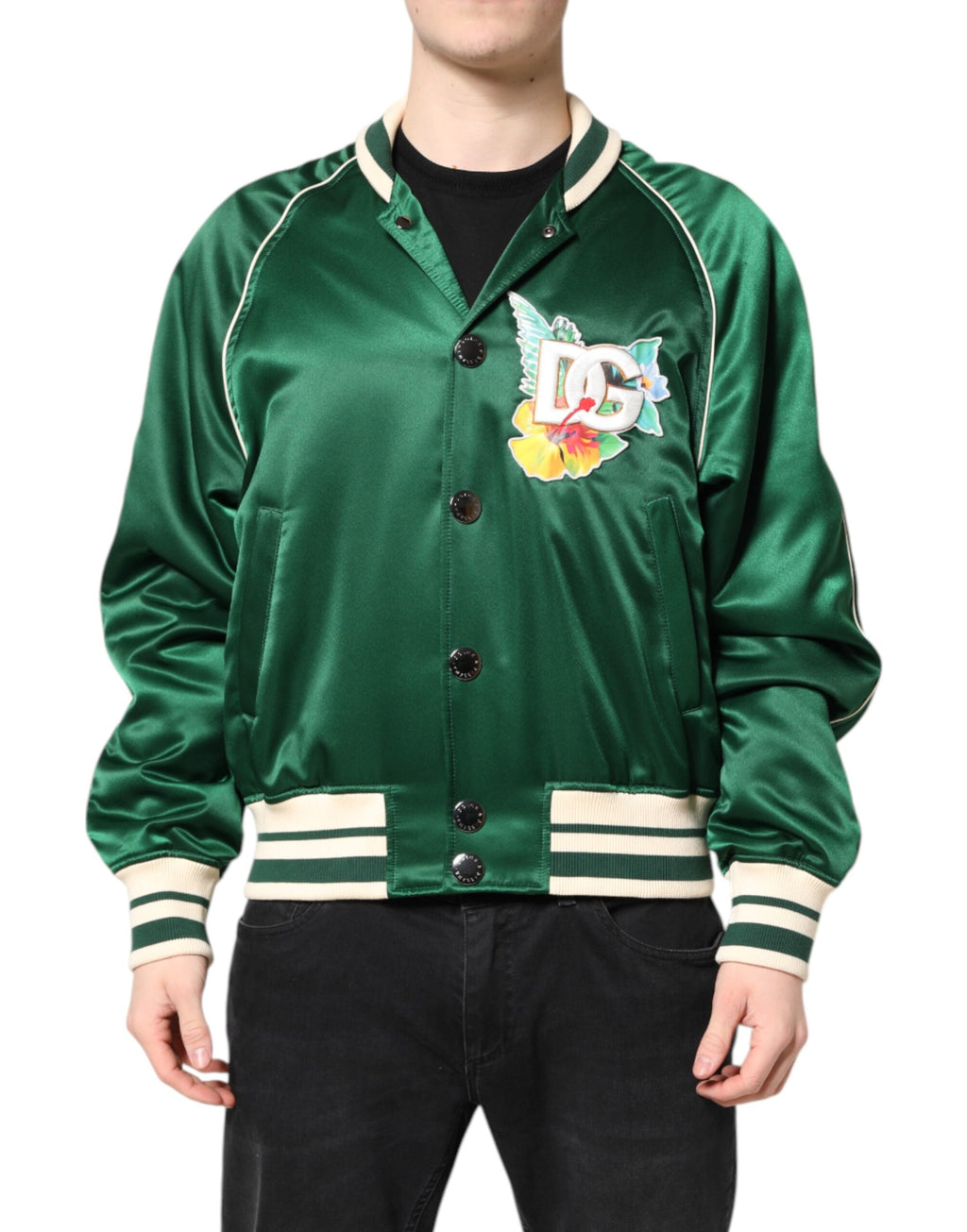 Dolce &amp; Gabbana - Blouson aviateur zippé vert à fleurs et logo DG