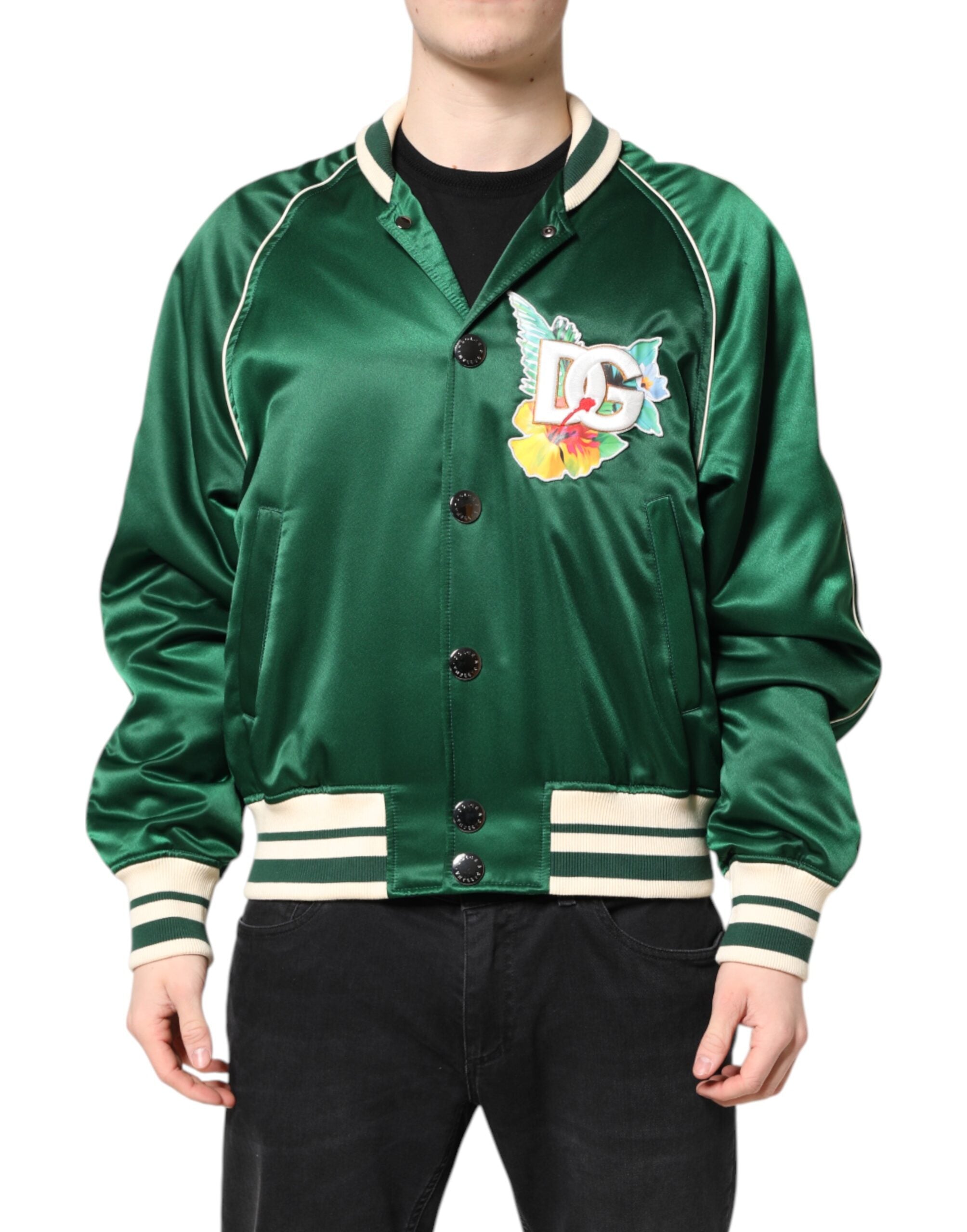 Dolce &amp; Gabbana - Blouson aviateur zippé vert à fleurs et logo DG