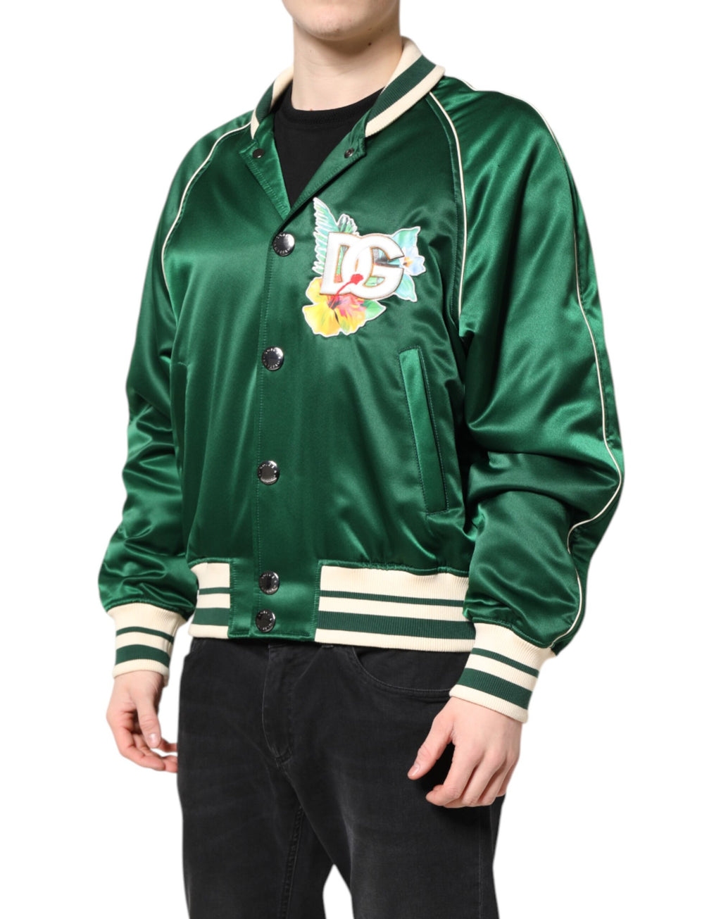 Dolce &amp; Gabbana - Blouson aviateur zippé vert à fleurs et logo DG