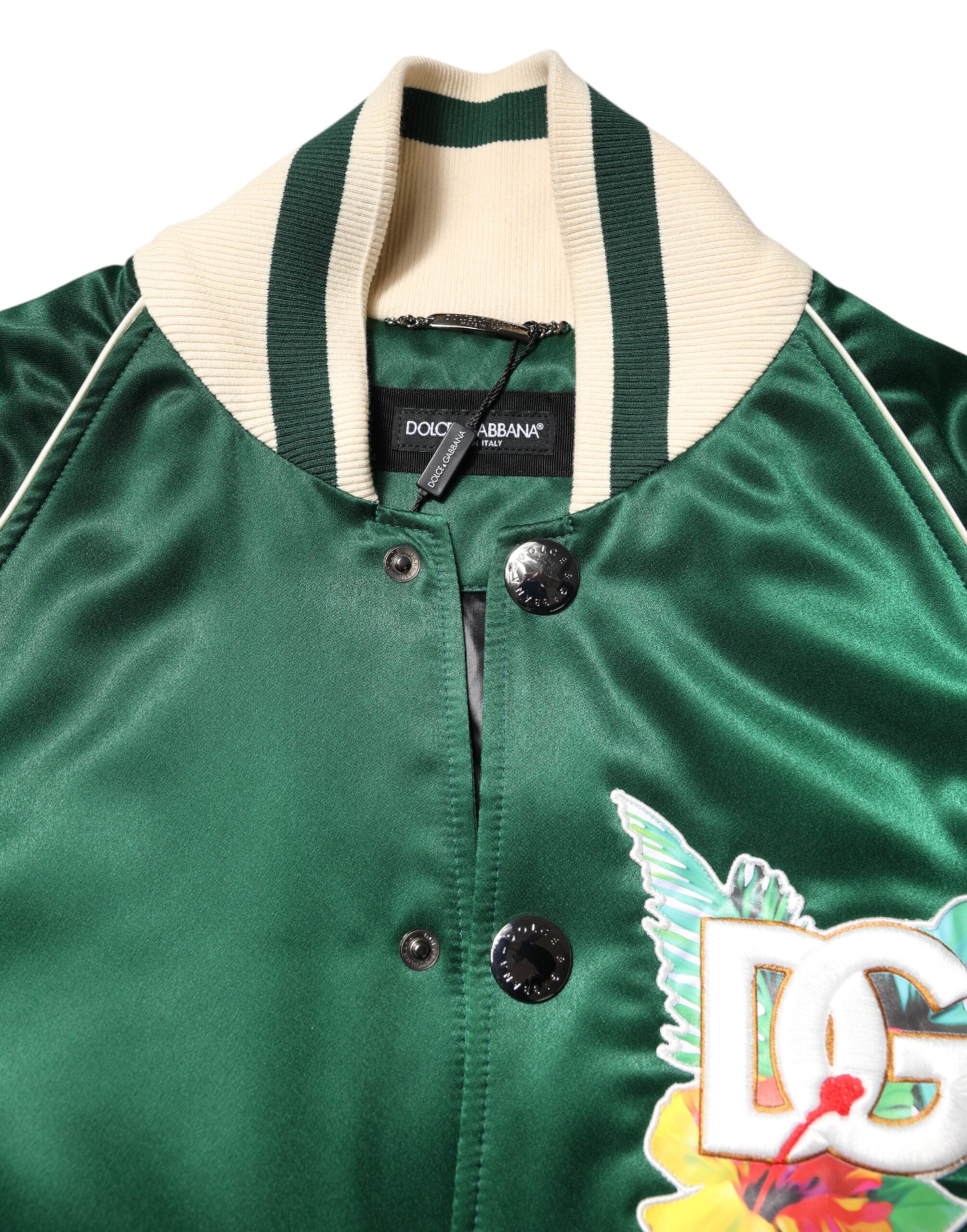 Dolce &amp; Gabbana - Blouson aviateur zippé vert à fleurs et logo DG