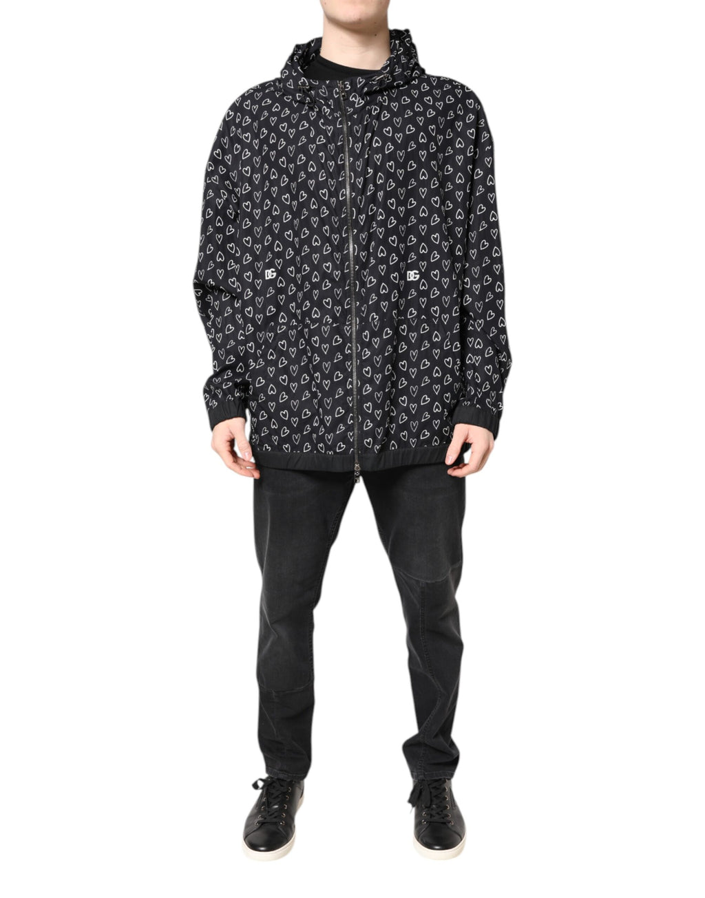 Dolce &amp; Gabbana – Schwarze Windjacke mit Kapuze und Herz-Print