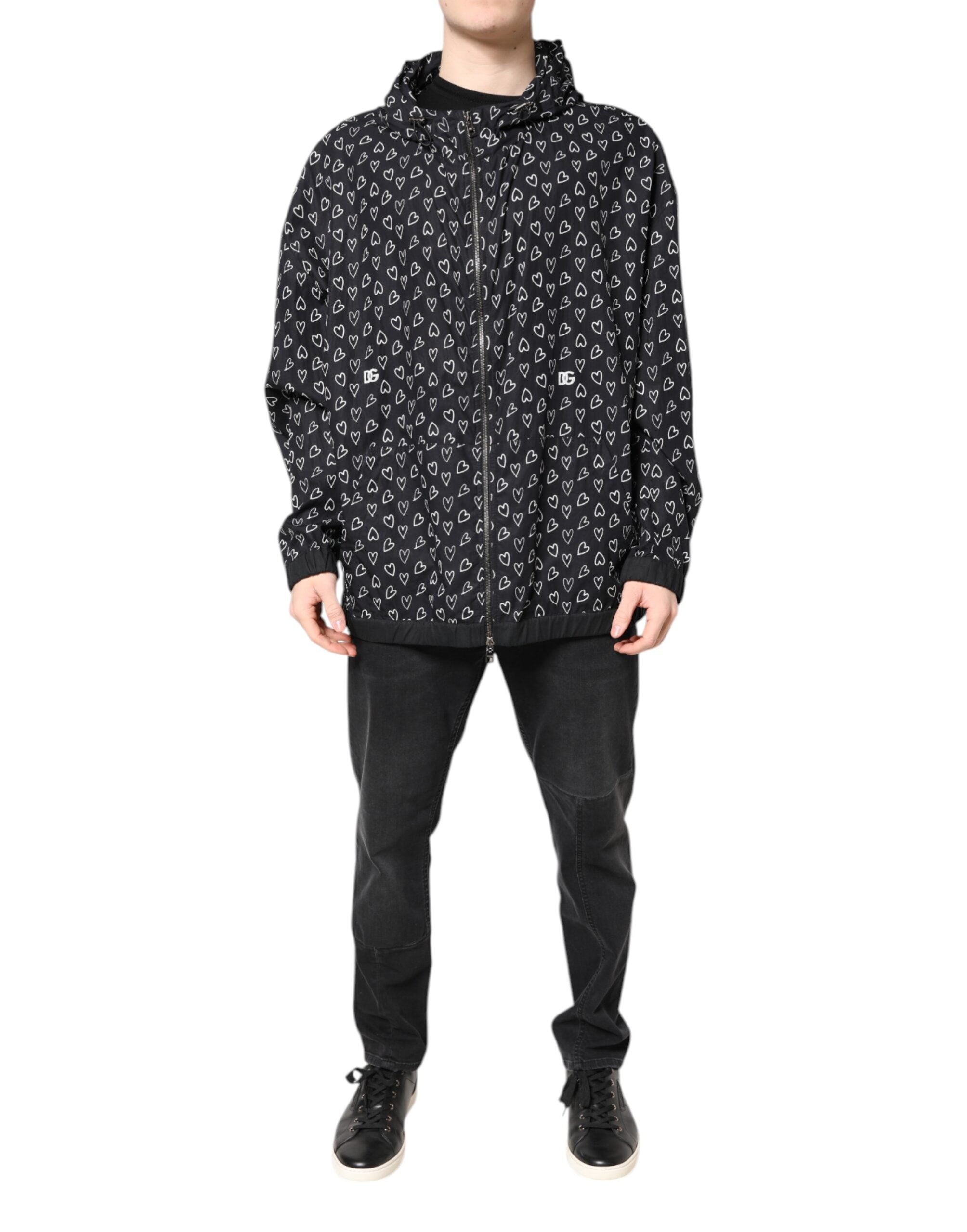 Dolce &amp; Gabbana – Schwarze Windjacke mit Kapuze und Herz-Print