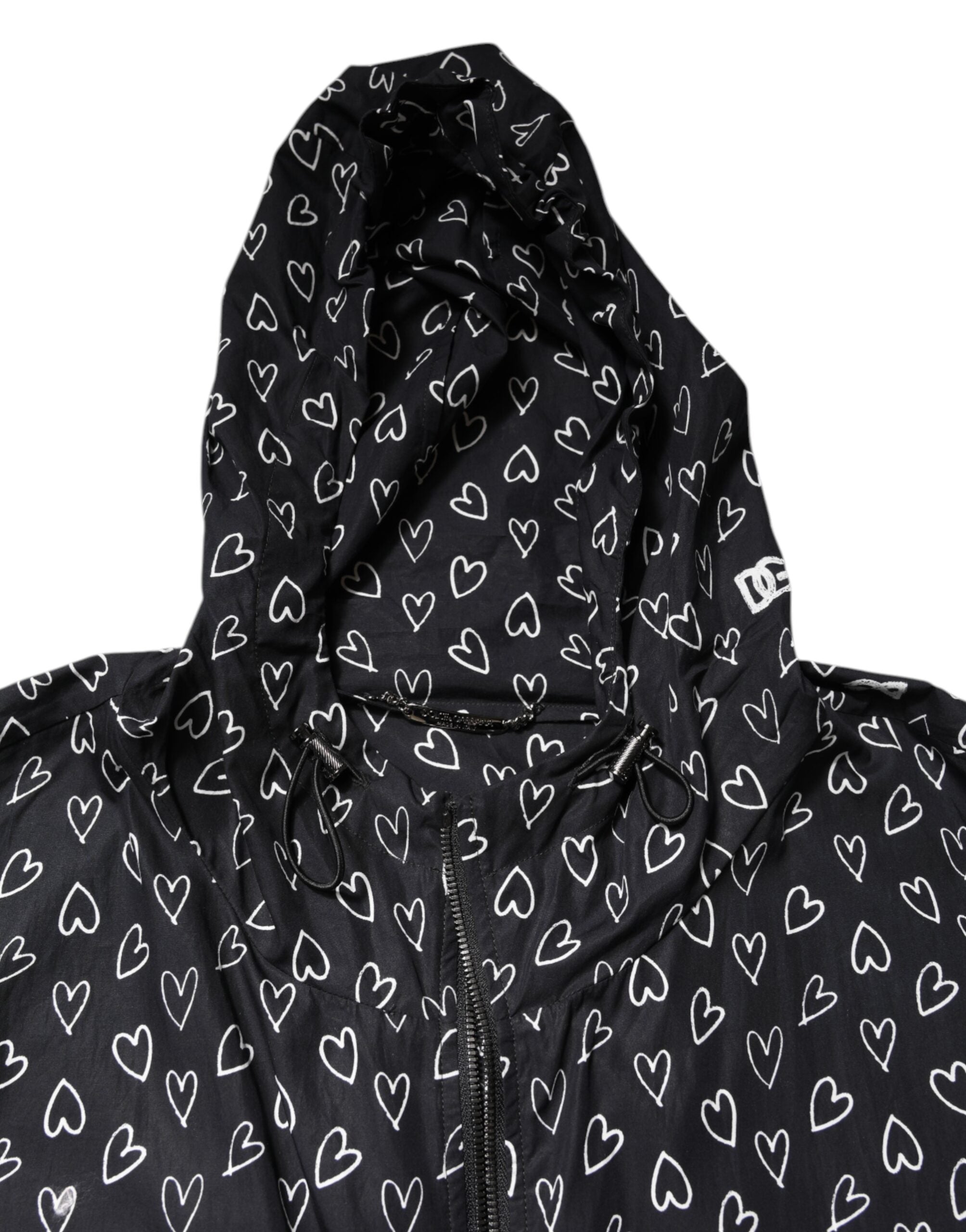 Dolce &amp; Gabbana – Schwarze Windjacke mit Kapuze und Herz-Print