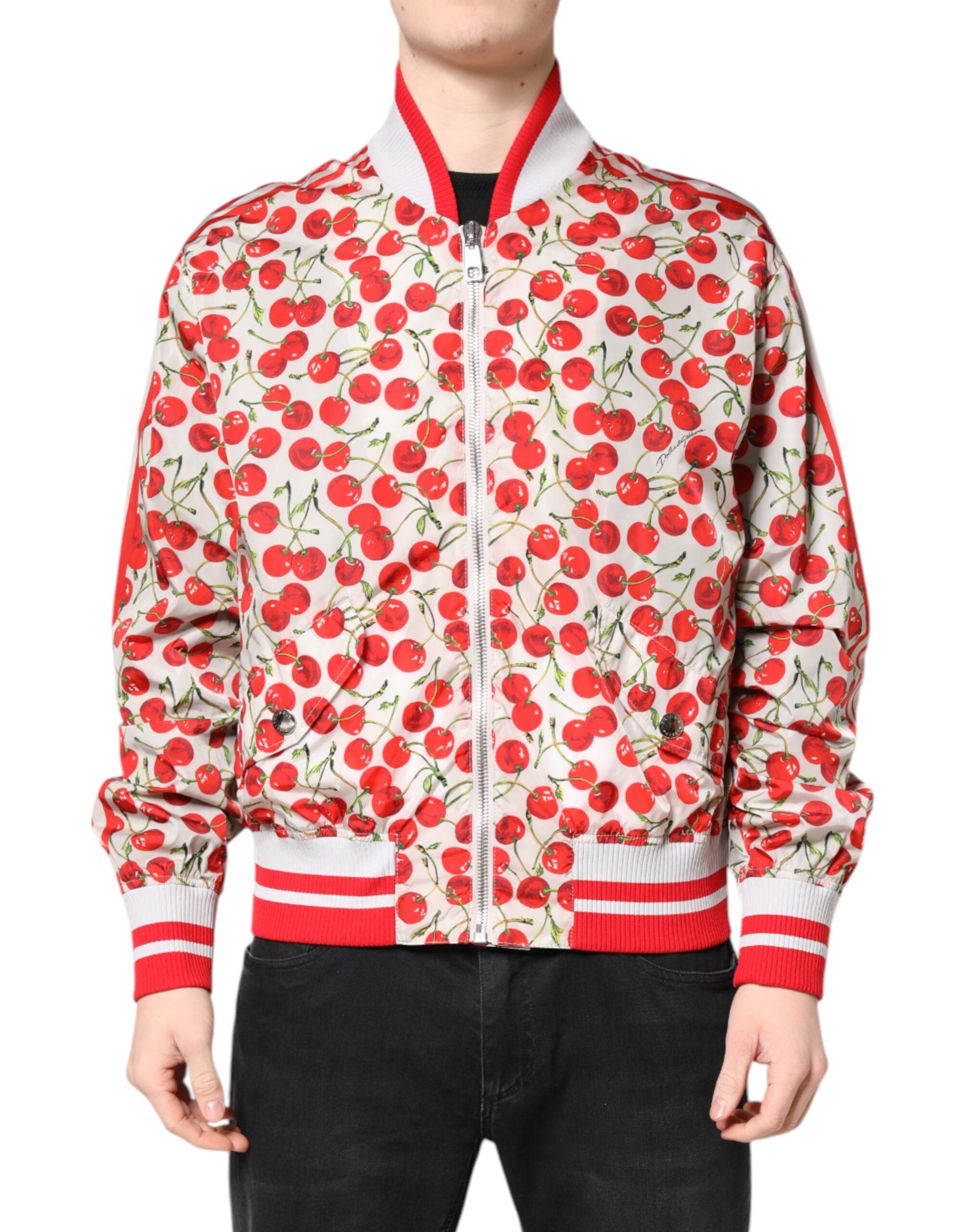 Dolce &amp; Gabbana – Bomberjacke mit durchgehendem Reißverschluss und Kirschen-Print in Weiß