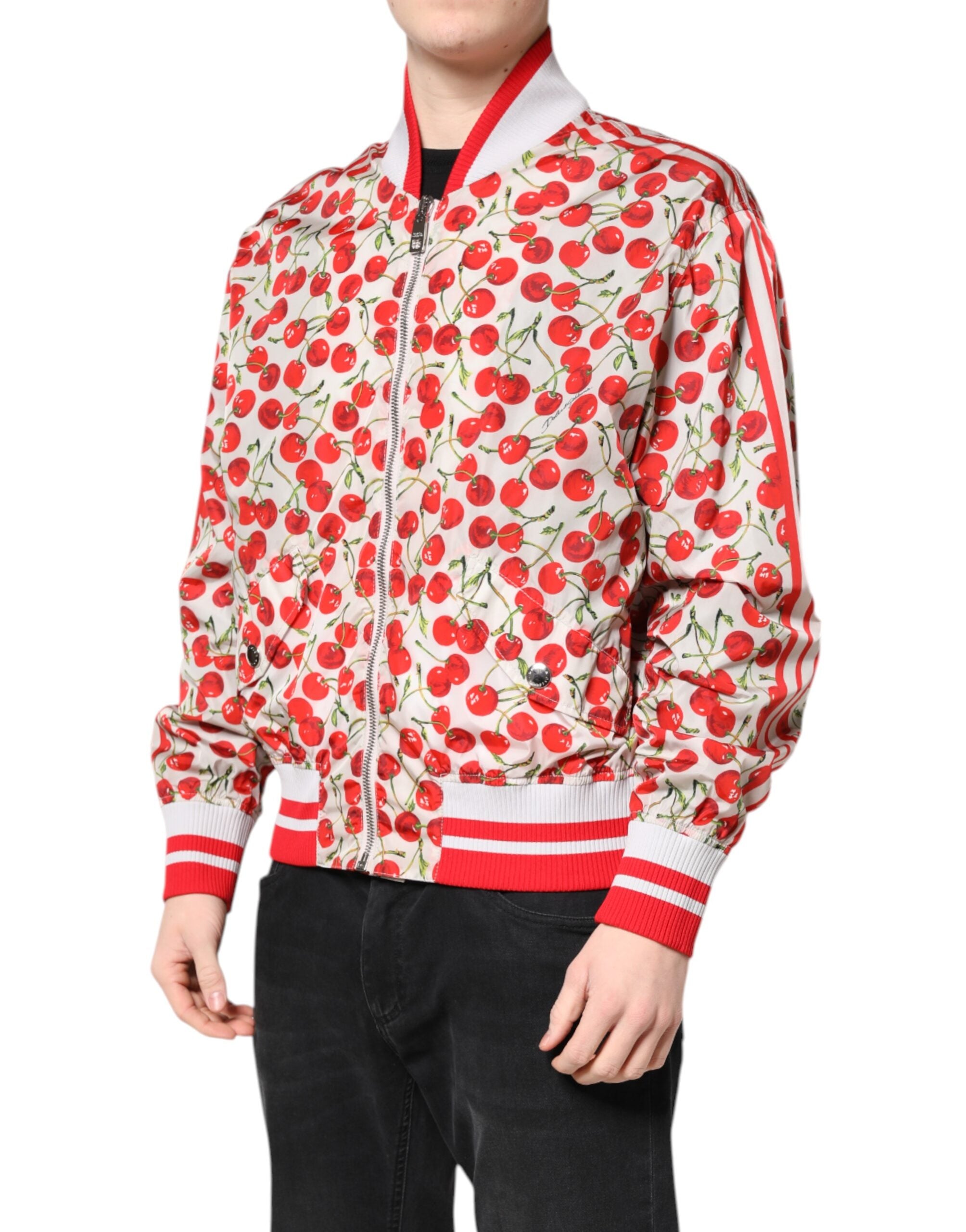 Dolce &amp; Gabbana – Bomberjacke mit durchgehendem Reißverschluss und Kirschen-Print in Weiß