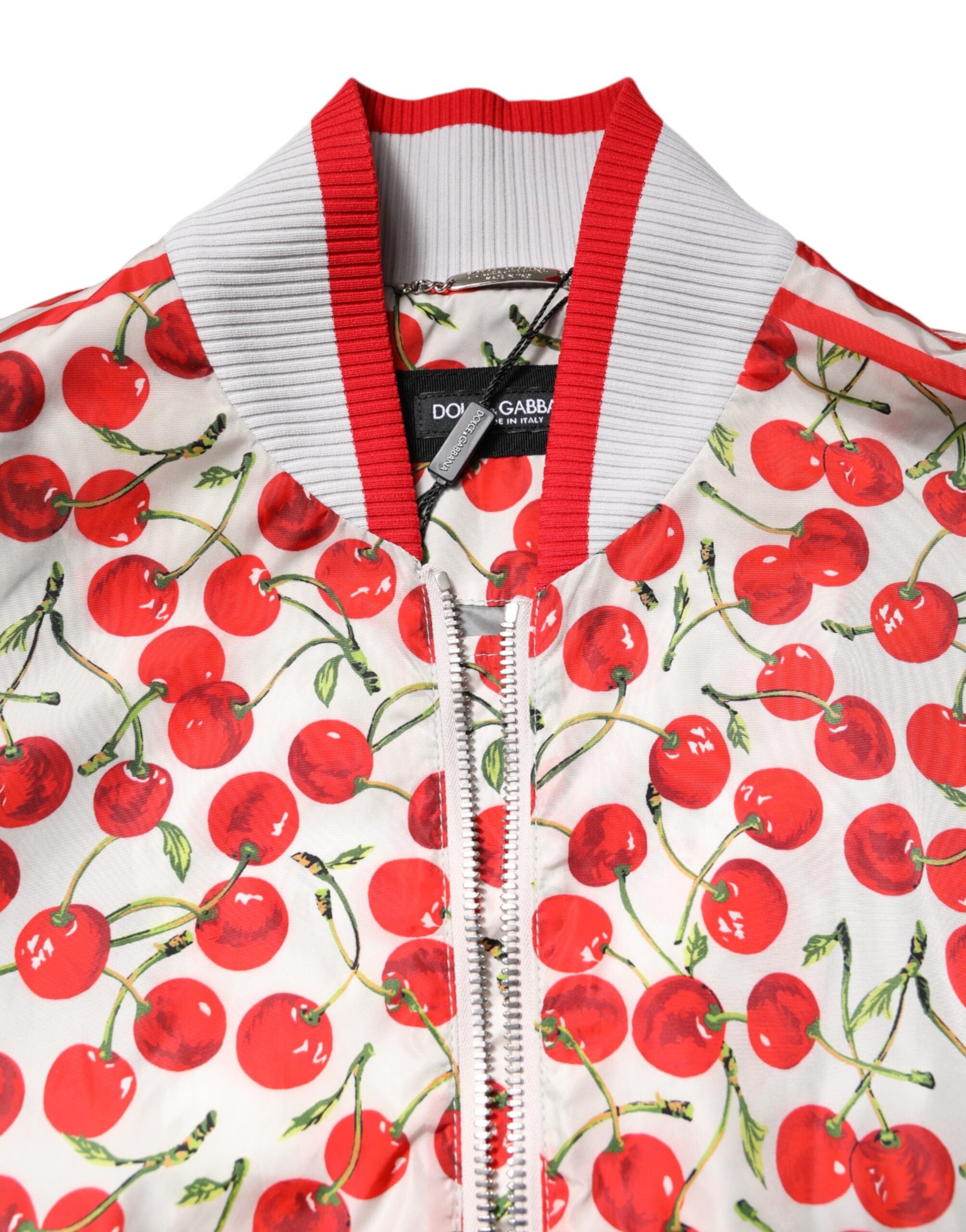 Dolce &amp; Gabbana – Bomberjacke mit durchgehendem Reißverschluss und Kirschen-Print in Weiß