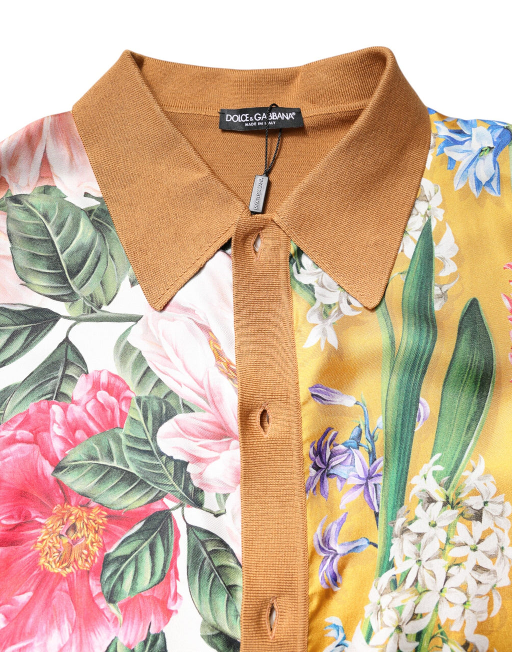Dolce &amp; Gabbana – Braunes, kurzärmliges T-Shirt mit Blumenkragen