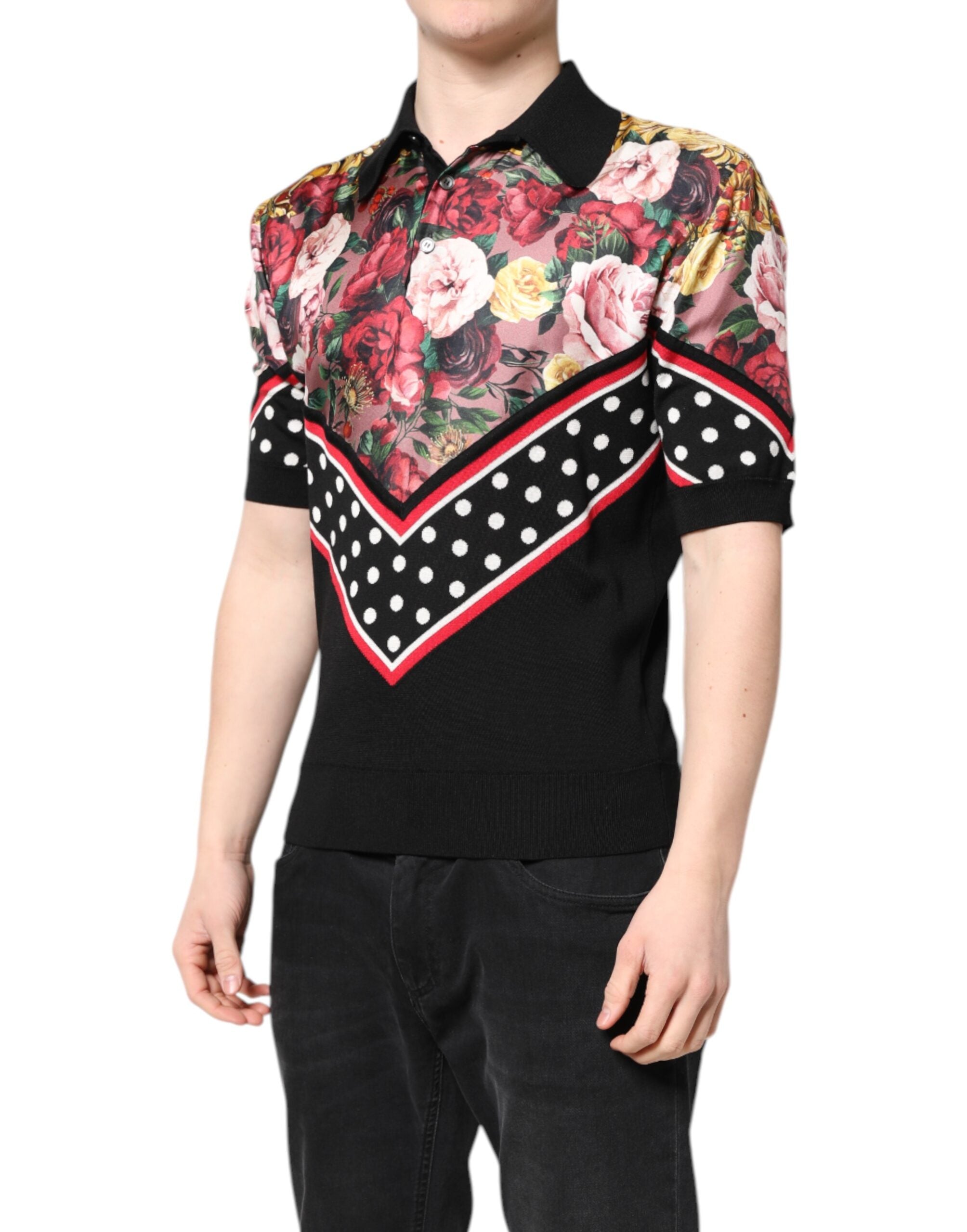 Dolce &amp; Gabbana – Schwarzes, kurzärmliges T-Shirt mit Blumenkragen