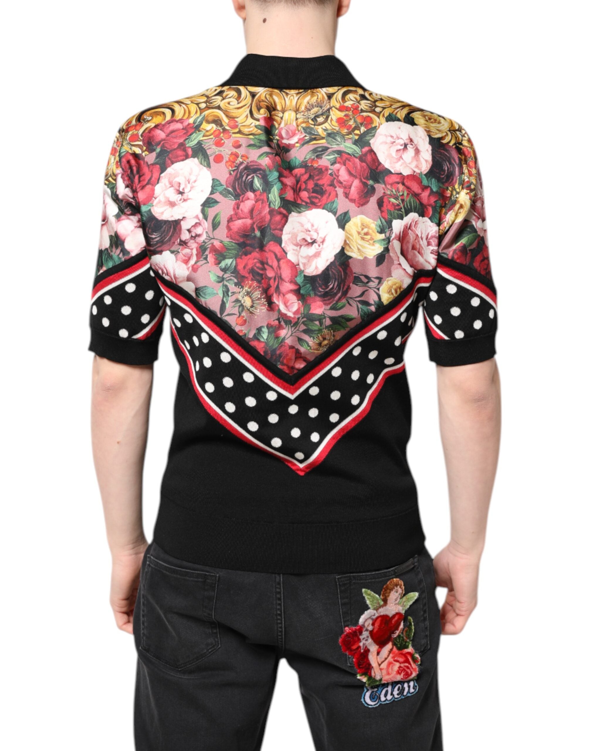 Dolce &amp; Gabbana – Schwarzes, kurzärmliges T-Shirt mit Blumenkragen