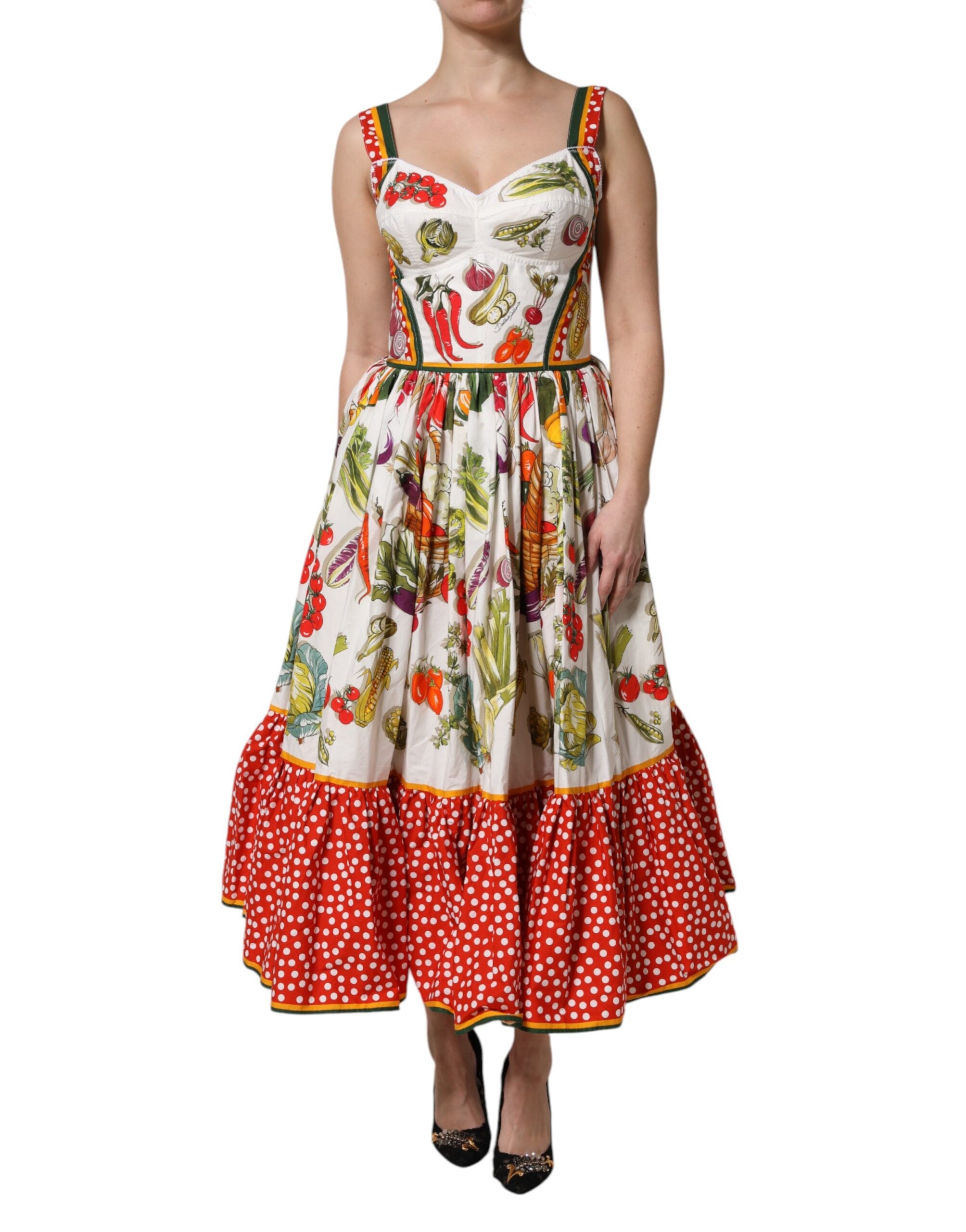 Robe mi-longue trapèze sans manches à imprimé végétal blanc Dolce &amp; Gabbana