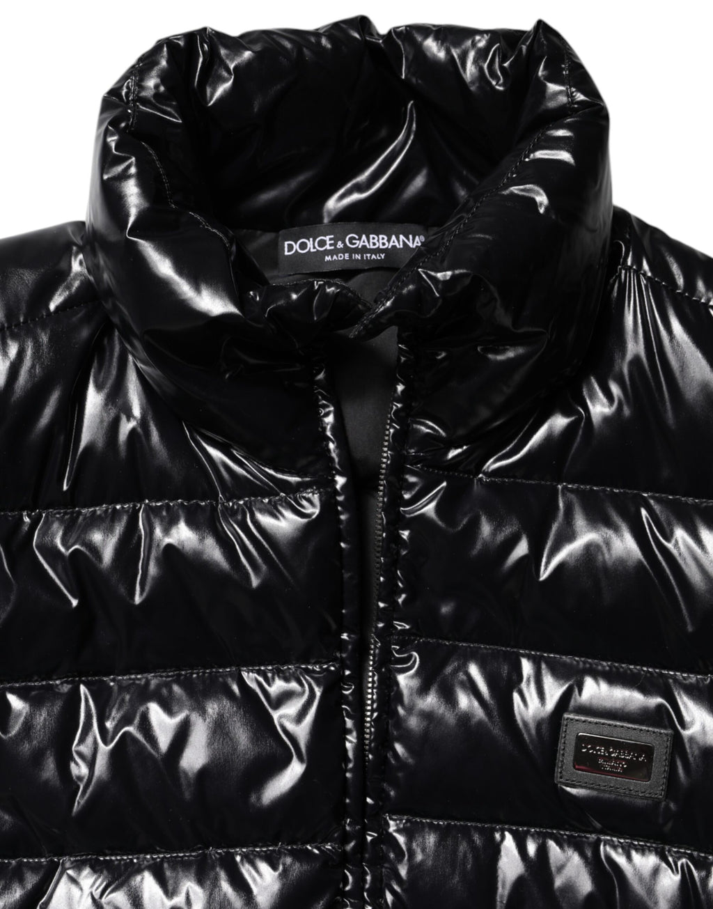 Dolce &amp; Gabbana – Pufferjacke mit durchgehendem Reißverschluss und schwarzem Logo-Schild