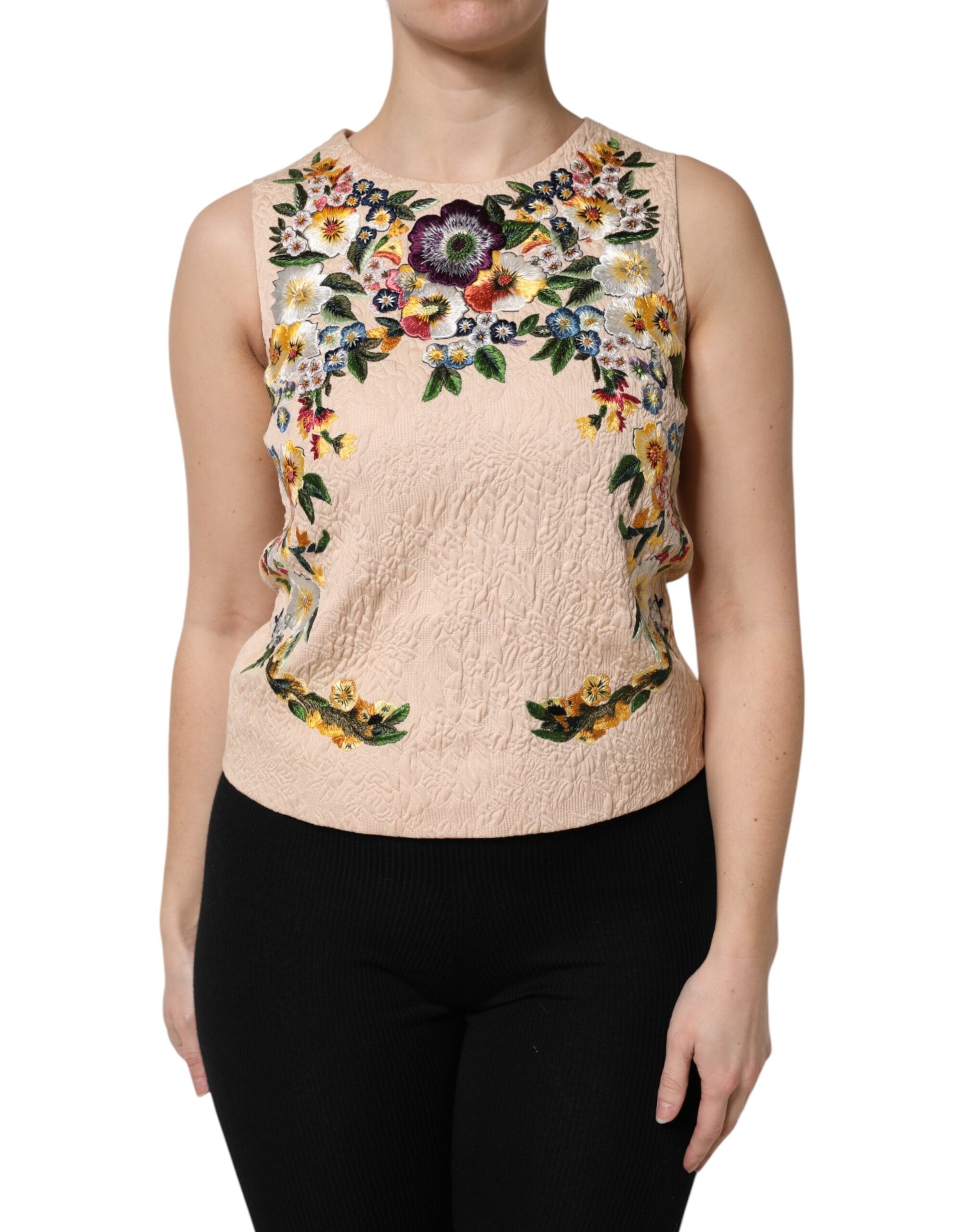 Débardeur sans manches à broderie florale beige Dolce &amp; Gabbana
