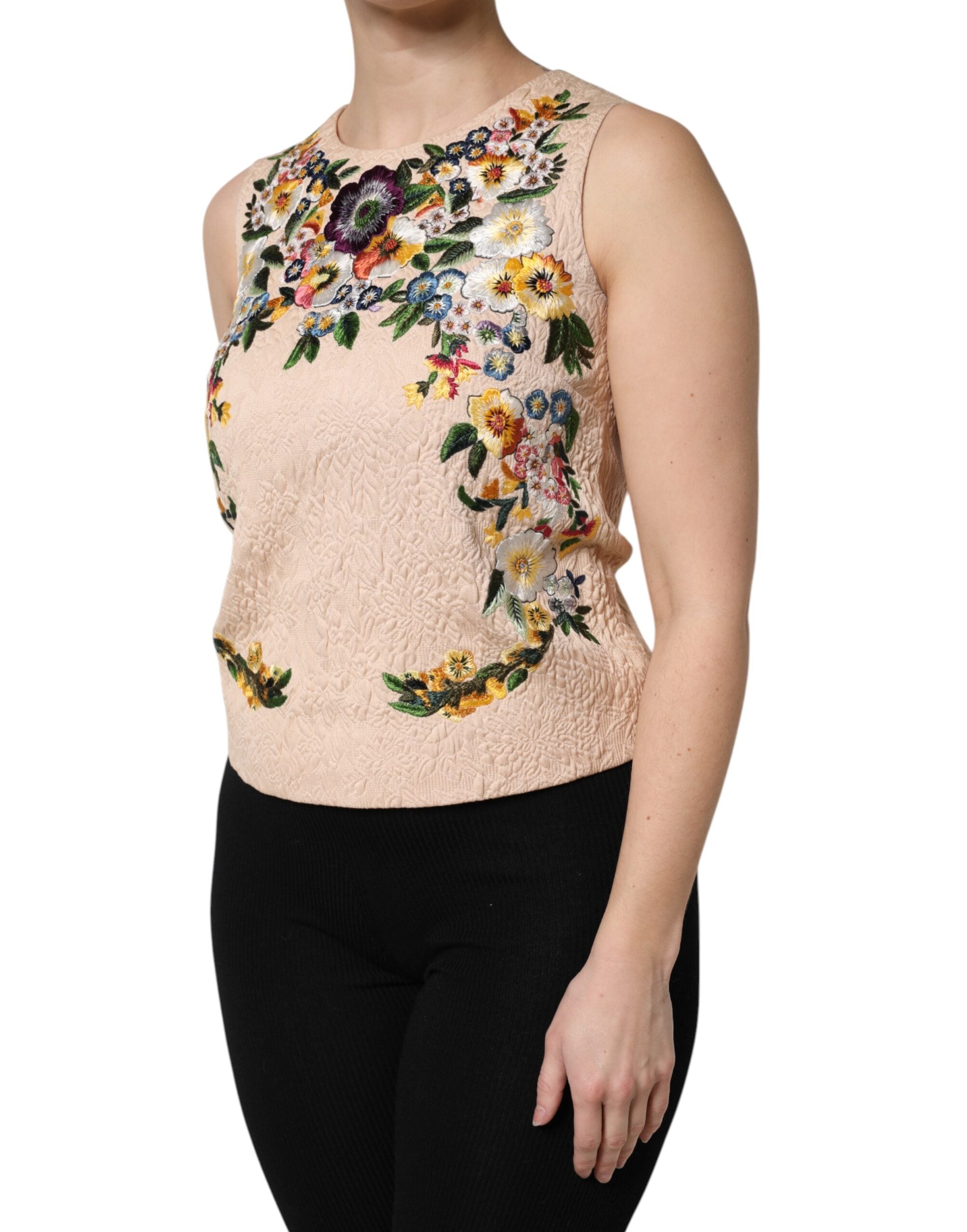 Débardeur sans manches à broderie florale beige Dolce &amp; Gabbana
