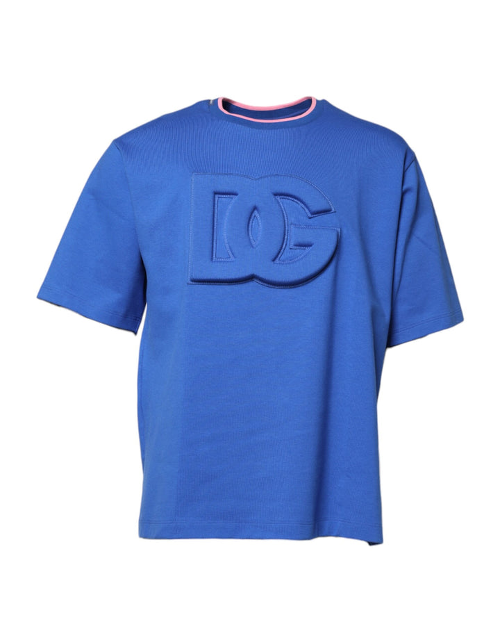 Dolce &amp; Gabbana – Blaues T-Shirt aus Baumwolle mit DG-Prägung und Rundhalsausschnitt