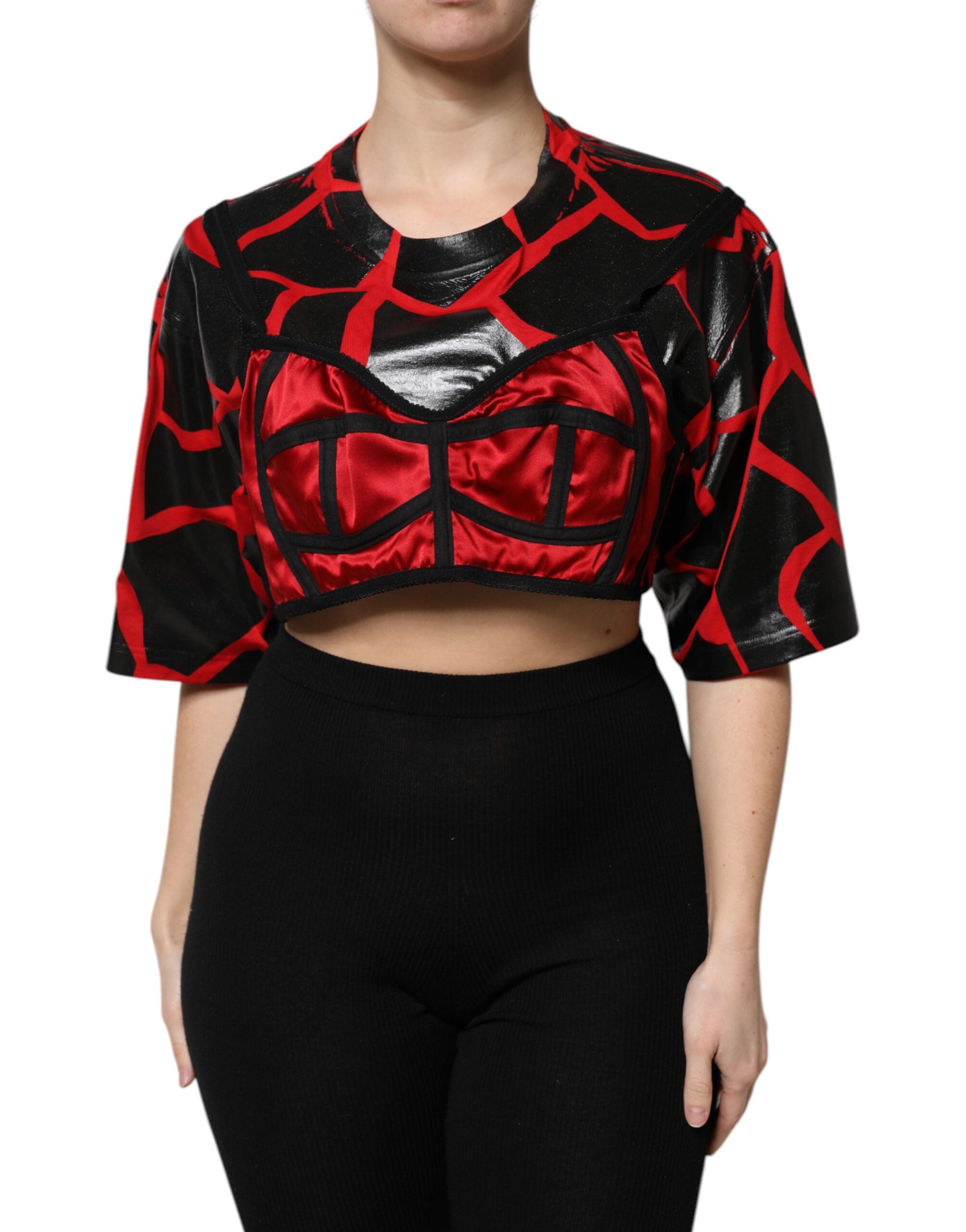 Dolce &amp; Gabbana - Haut court en coton rouge et noir avec détails bustier