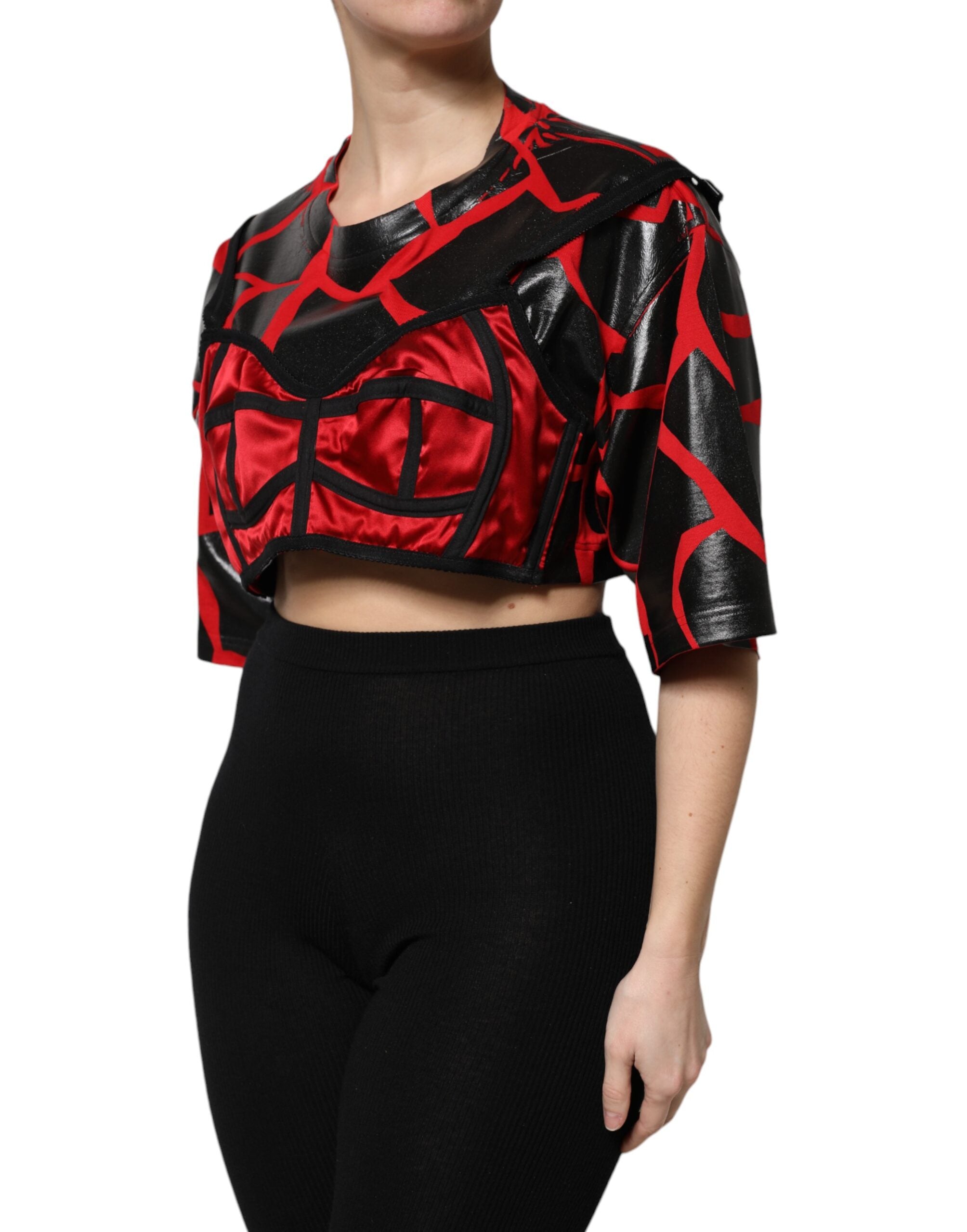Dolce &amp; Gabbana - Haut court en coton rouge et noir avec détails bustier