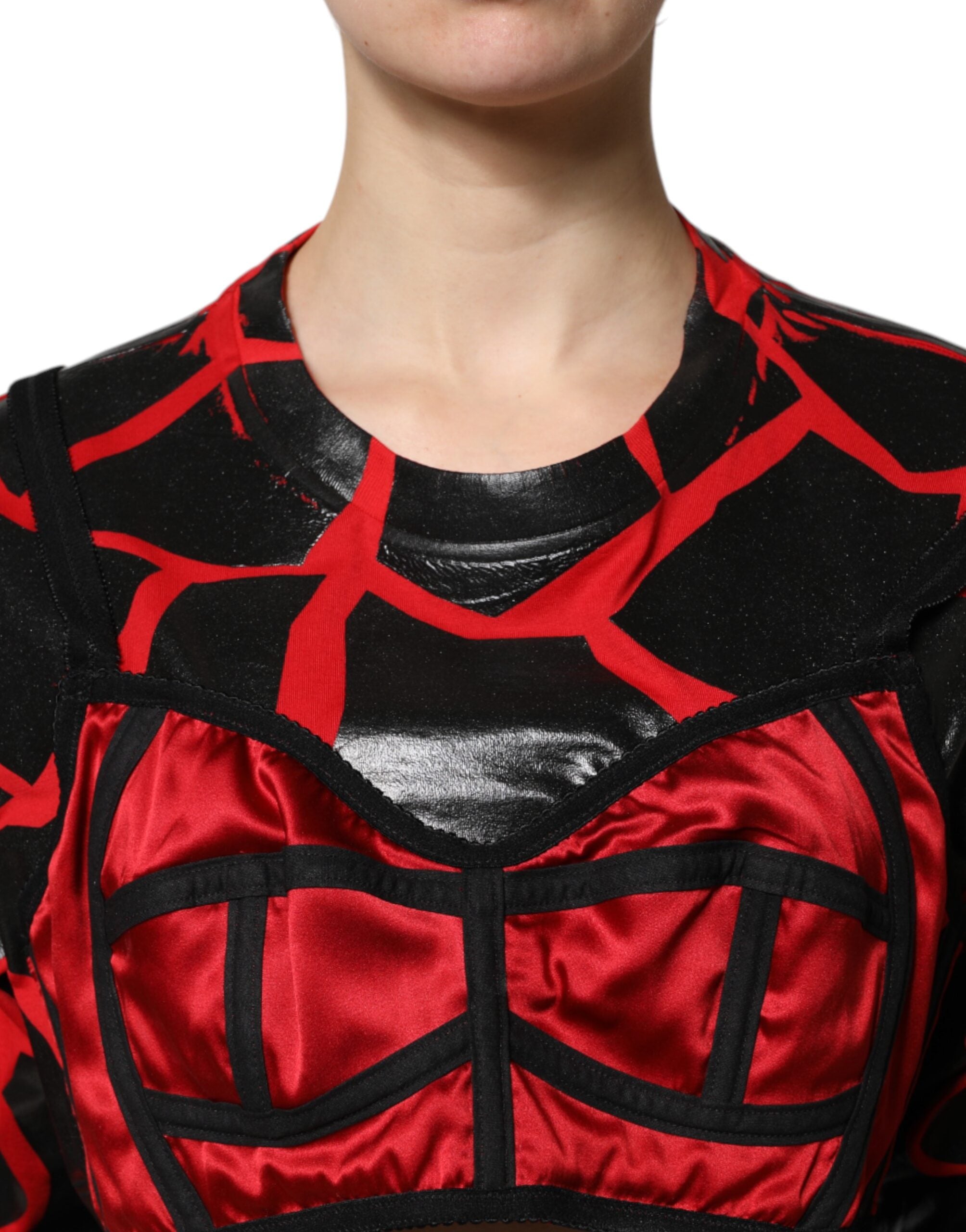 Dolce &amp; Gabbana - Haut court en coton rouge et noir avec détails bustier
