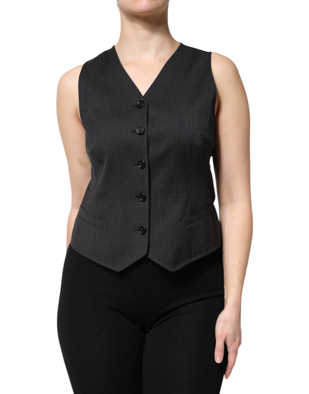 Dolce &amp; Gabbana – Schwarzes, gestreiftes, ärmelloses Westentop mit Knopfleiste