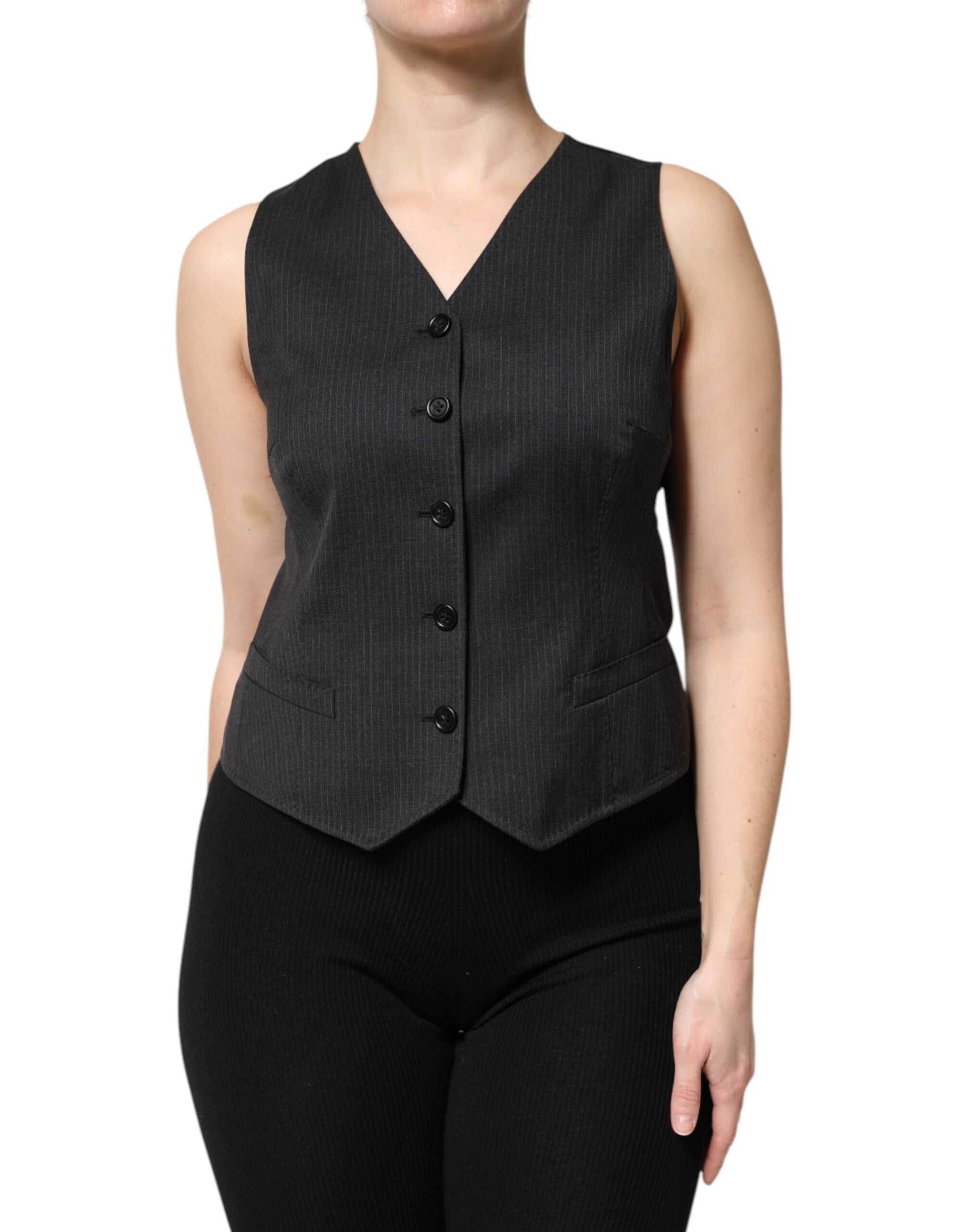 Dolce &amp; Gabbana – Schwarzes, gestreiftes, ärmelloses Westentop mit Knopfleiste