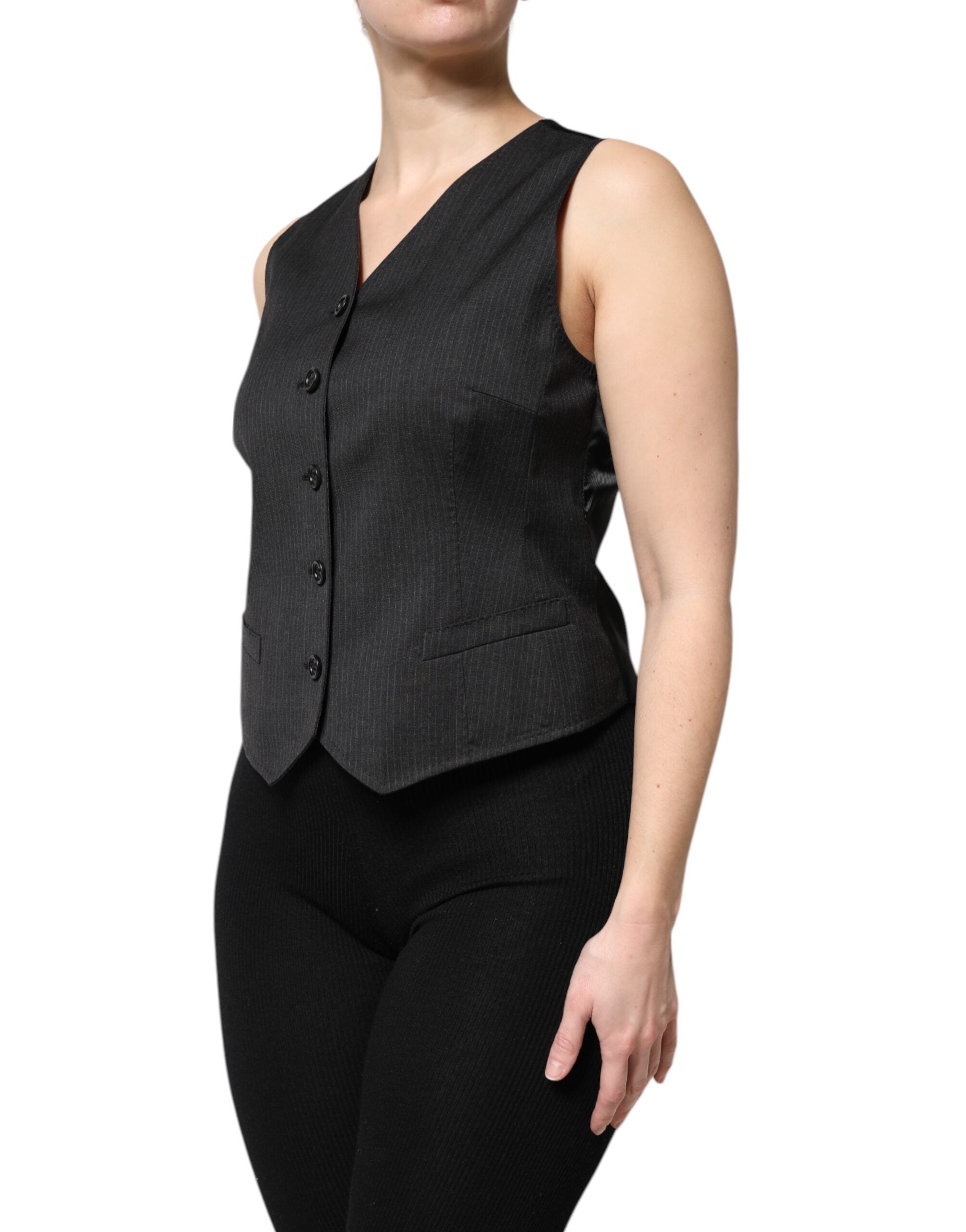 Dolce &amp; Gabbana – Schwarzes, gestreiftes, ärmelloses Westentop mit Knopfleiste