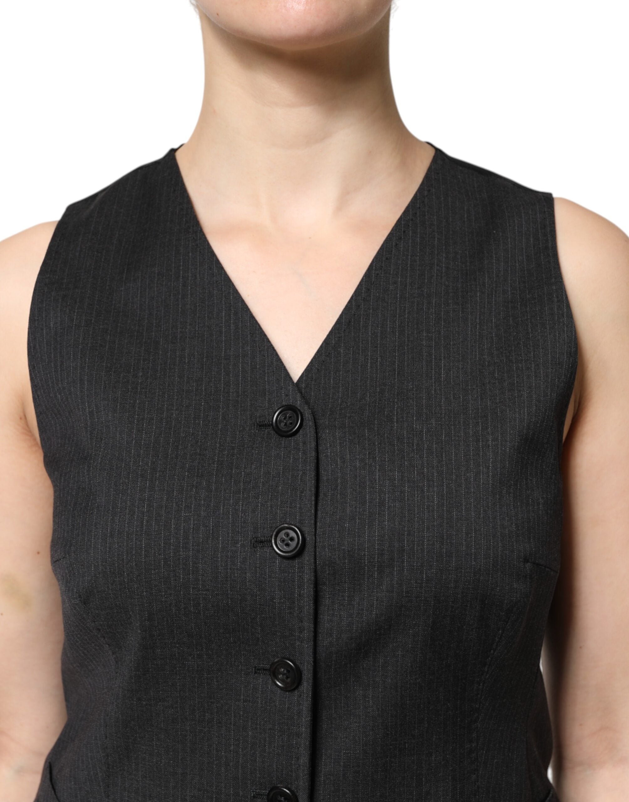 Dolce &amp; Gabbana – Schwarzes, gestreiftes, ärmelloses Westentop mit Knopfleiste