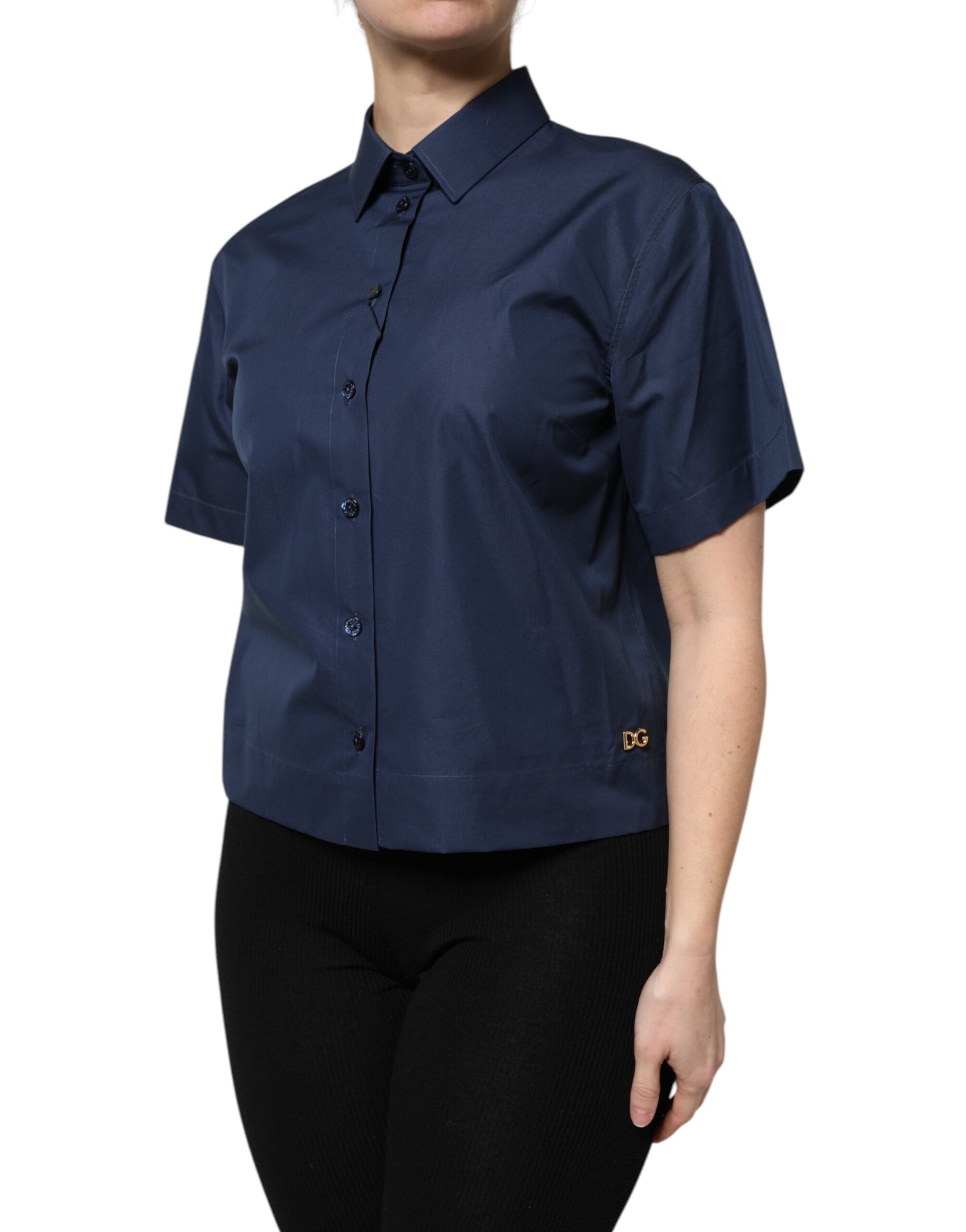 Haut boutonné à manches courtes en coton bleu Dolce &amp; Gabbana