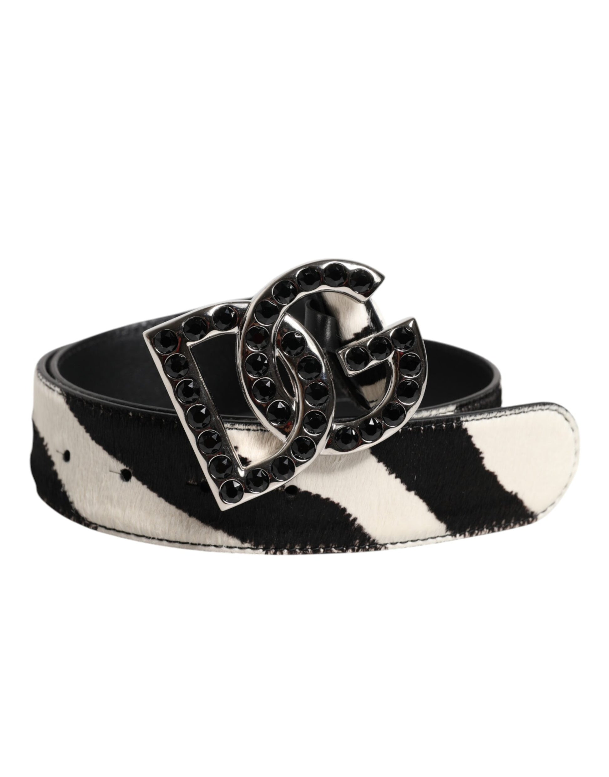 Dolce &amp; Gabbana Weiß-Schwarzer Ledergürtel mit Zebra-DG-Kristallschnalle