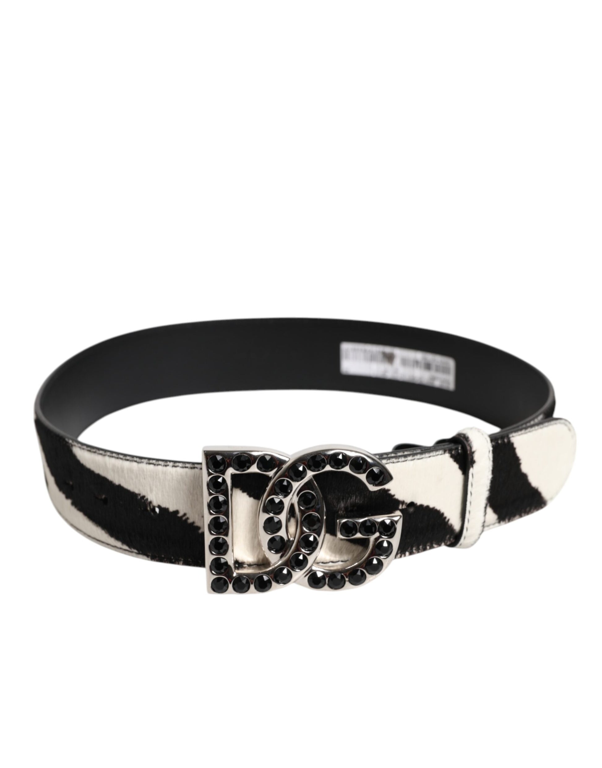 Dolce &amp; Gabbana Weiß-Schwarzer Ledergürtel mit Zebra-DG-Kristallschnalle