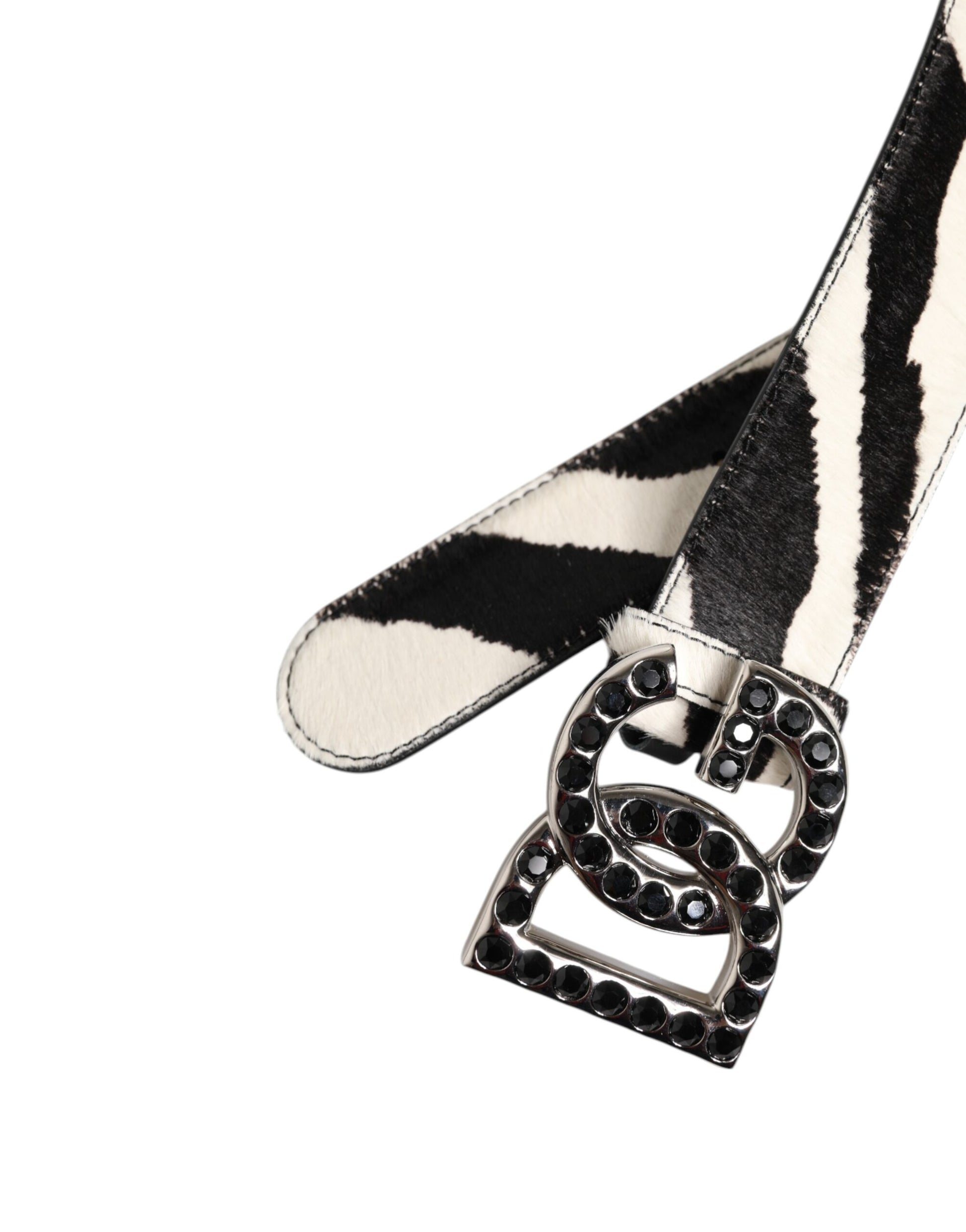 Dolce &amp; Gabbana Weiß-Schwarzer Ledergürtel mit Zebra-DG-Kristallschnalle