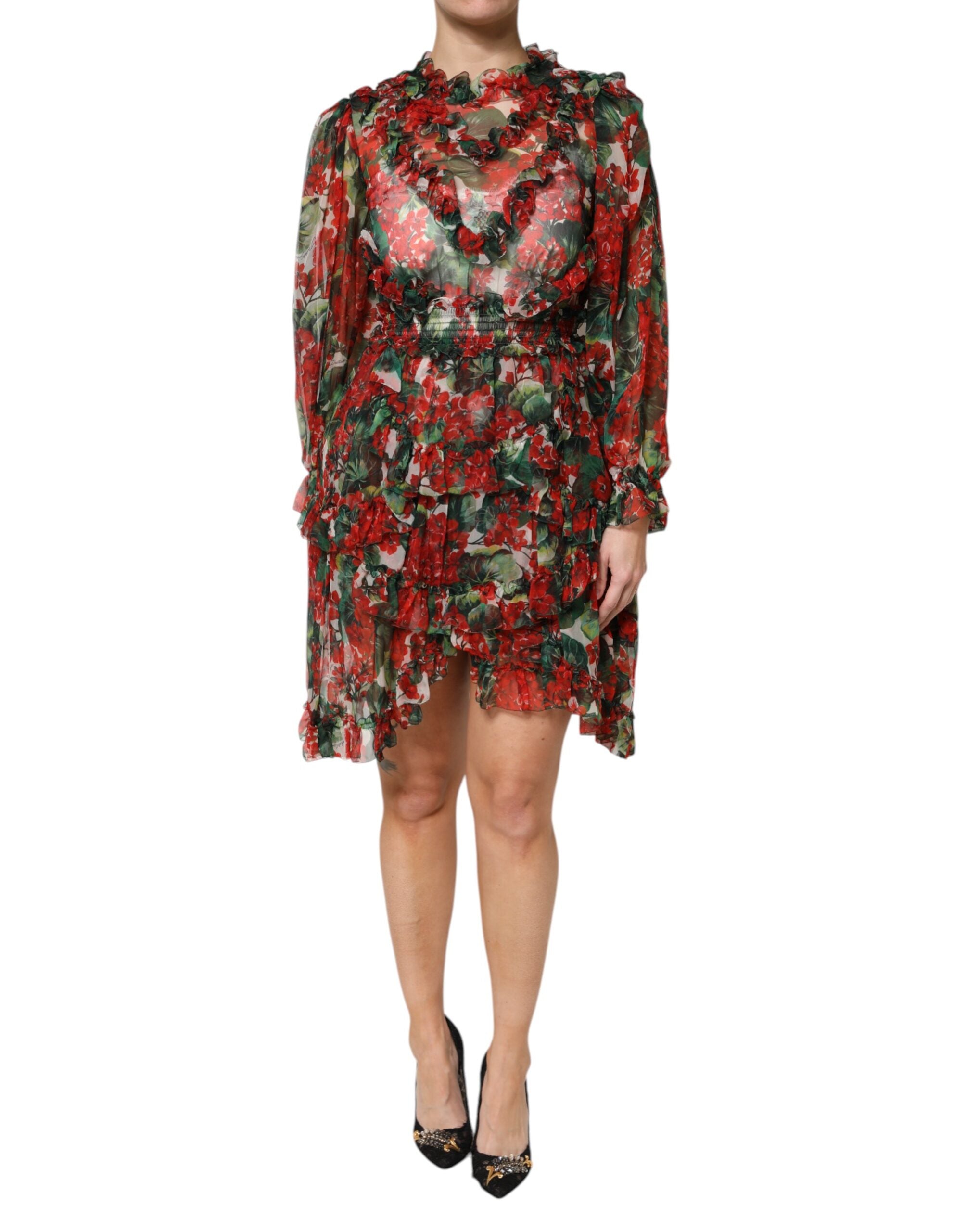 Dolce &amp; Gabbana – Mehrfarbiges Kleid mit Rüschen und Blumenmuster und langen Ärmeln