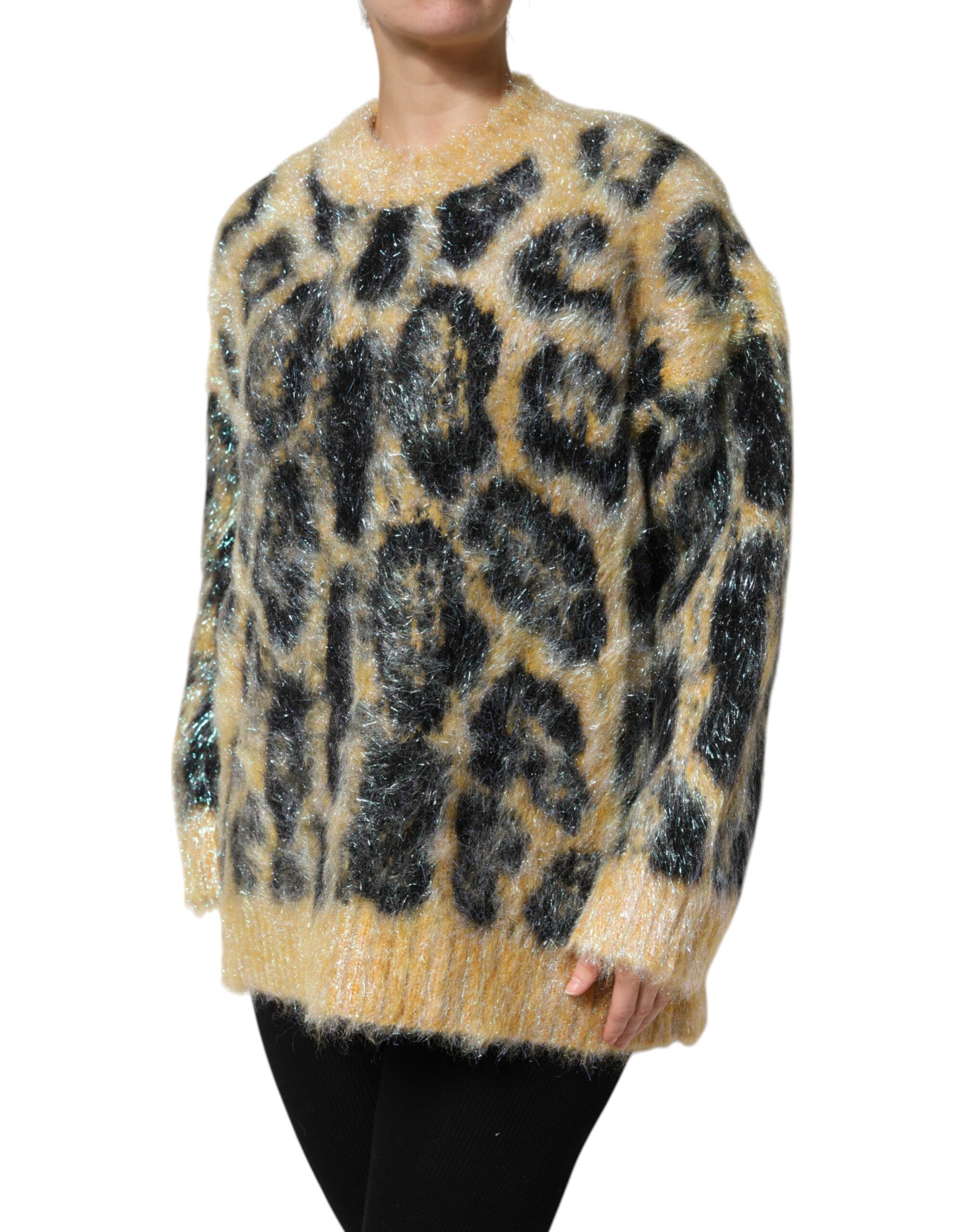 Dolce &amp; Gabbana Mehrfarbiger Rundhalspullover aus Mohair mit Leopardenmuster