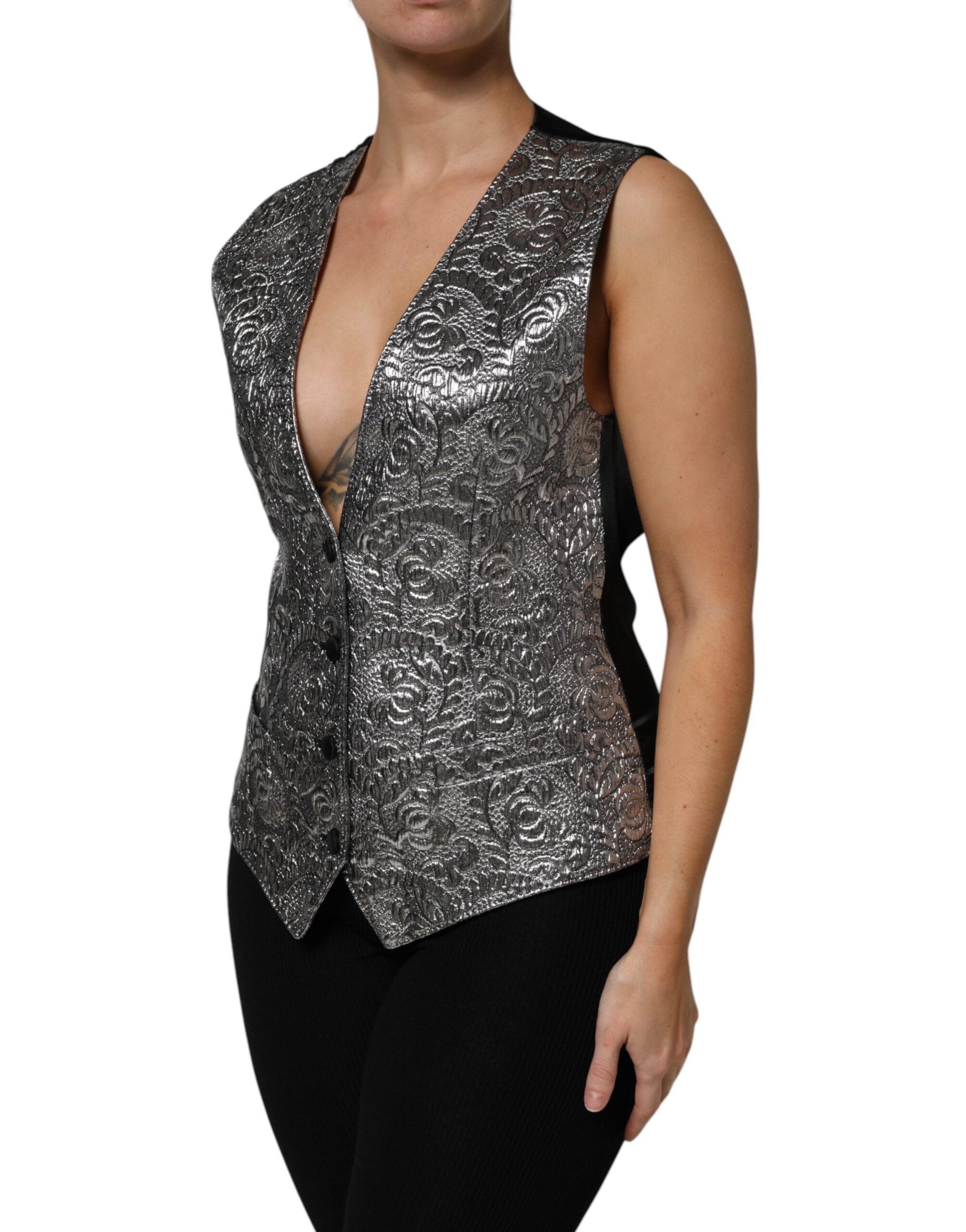 Dolce &amp; Gabbana – Ärmelloses Trägertop aus Jacquard mit Blumenmuster in Silber