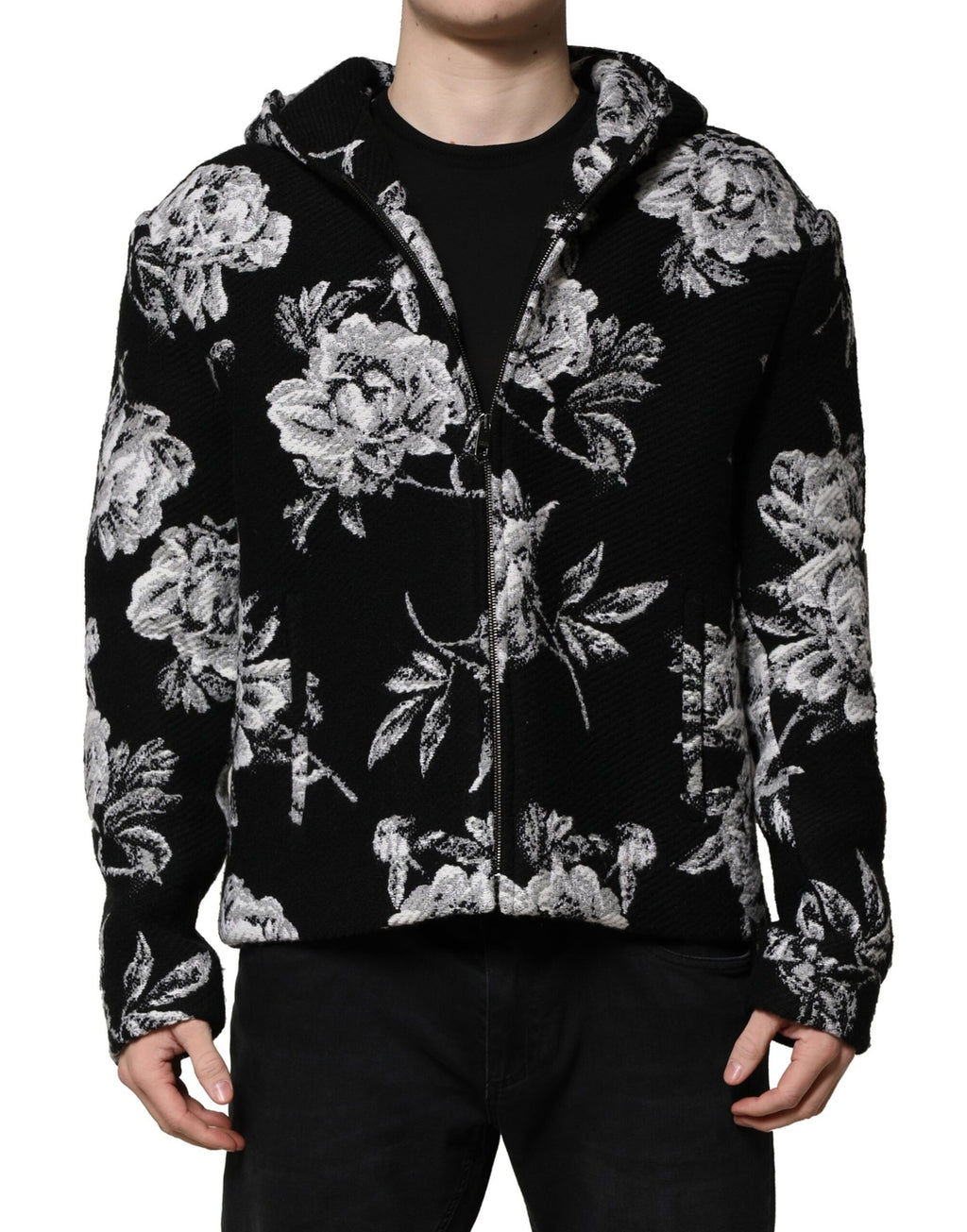 Veste à capuche en laine noire à imprimé floral pour homme Dolce &amp; Gabbana