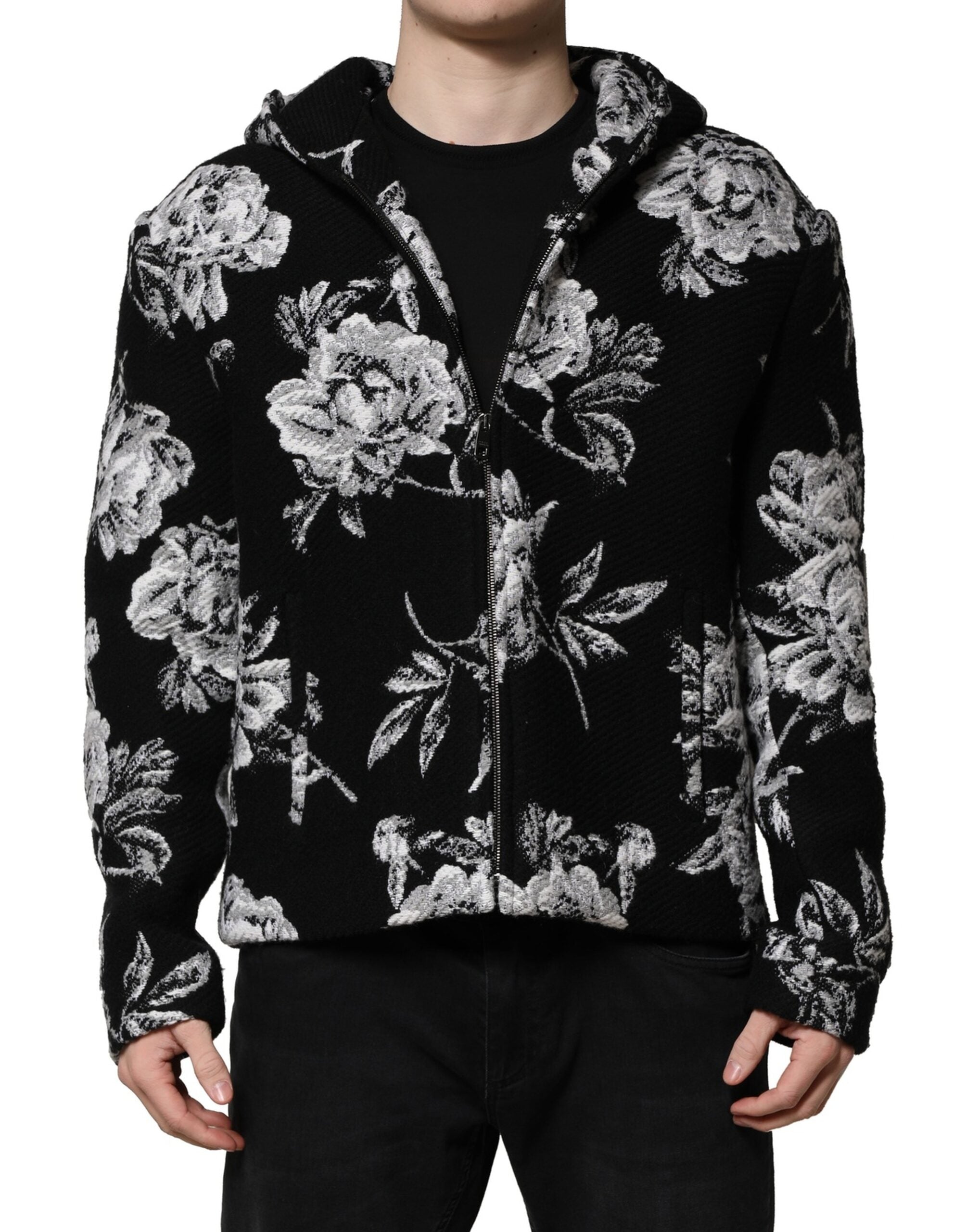 Veste à capuche en laine noire à imprimé floral pour homme Dolce &amp; Gabbana