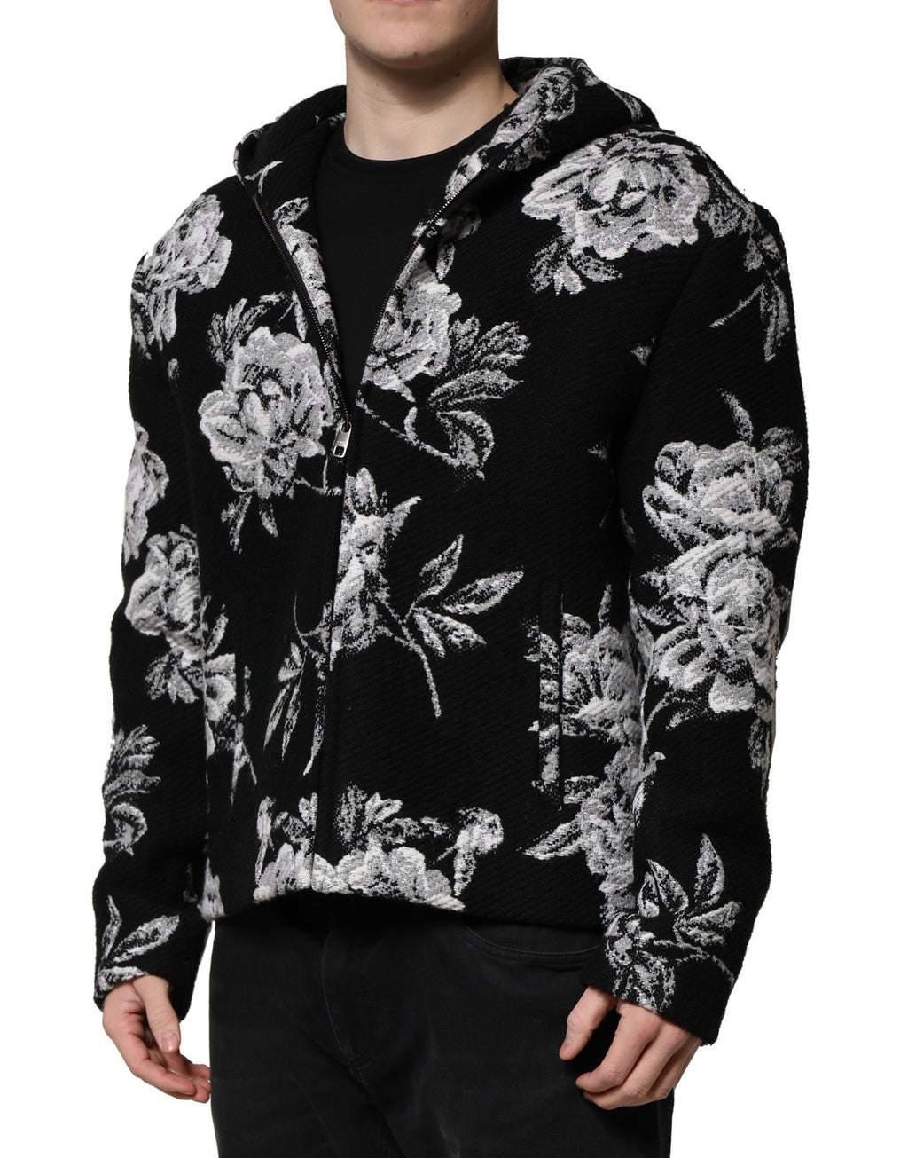 Veste à capuche en laine noire à imprimé floral pour homme Dolce &amp; Gabbana