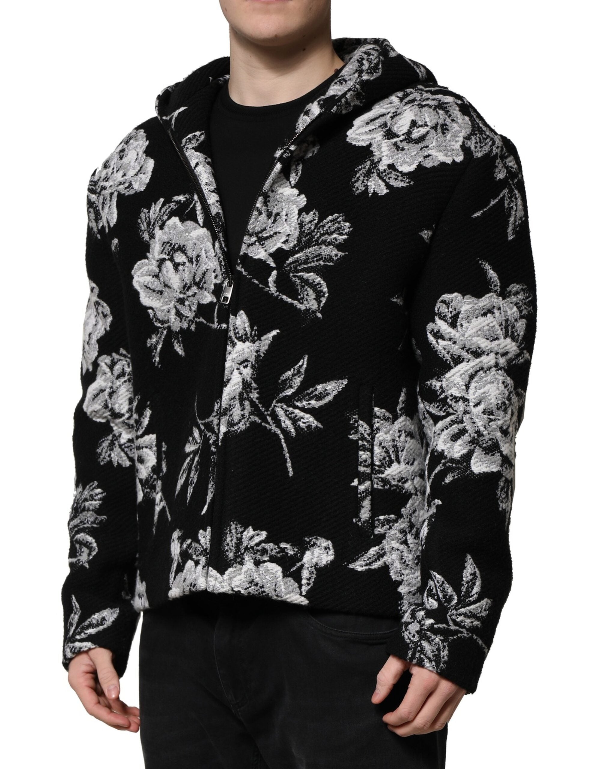 Veste à capuche en laine noire à imprimé floral pour homme Dolce &amp; Gabbana
