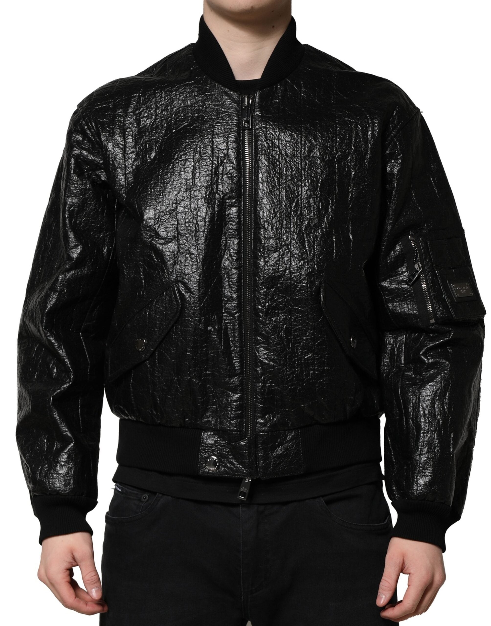 Veste bomber zippée noire avec plaque logo Dolce &amp; Gabbana