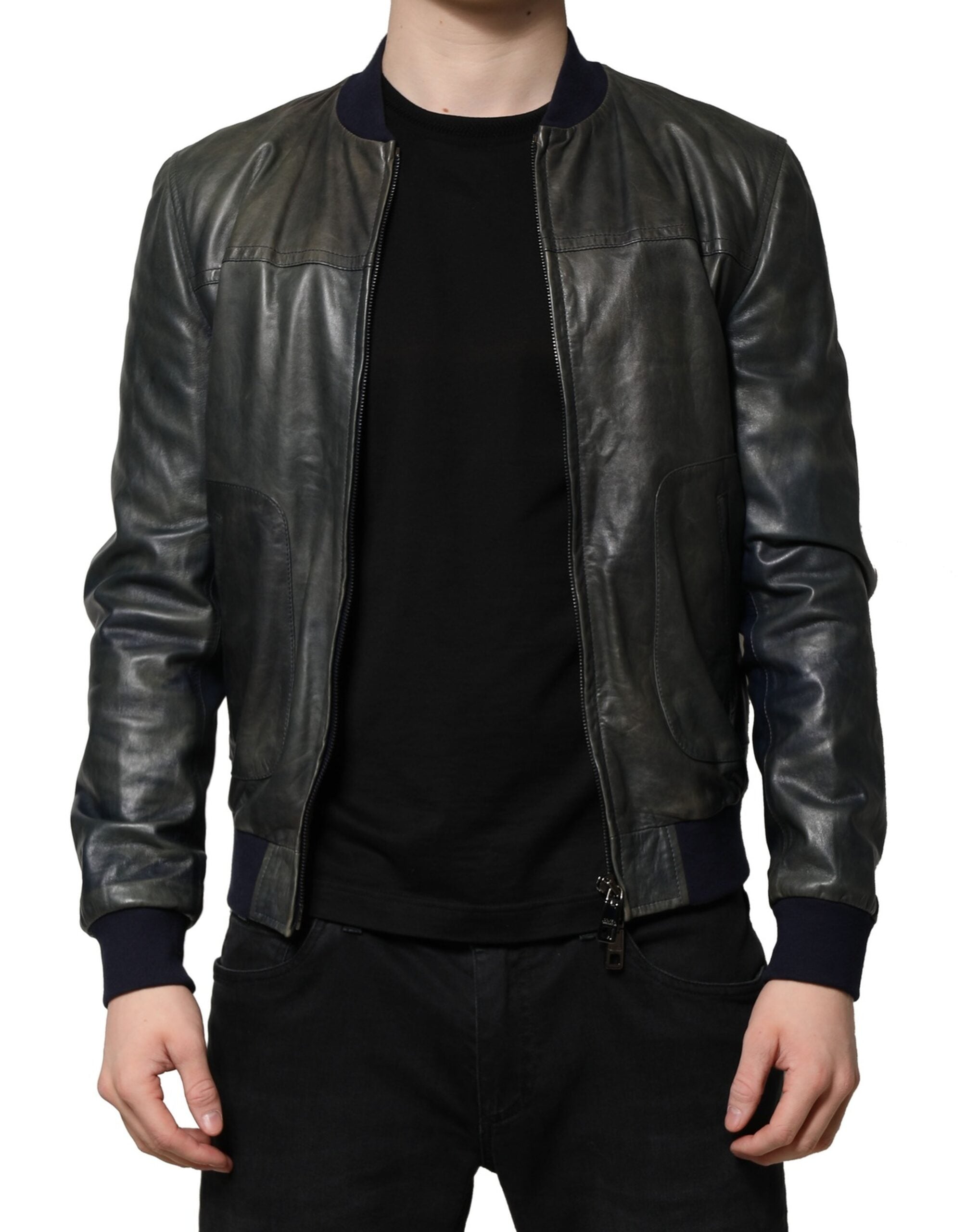 Veste motard entièrement zippée en cuir d'agneau noir Dolce &amp; Gabbana