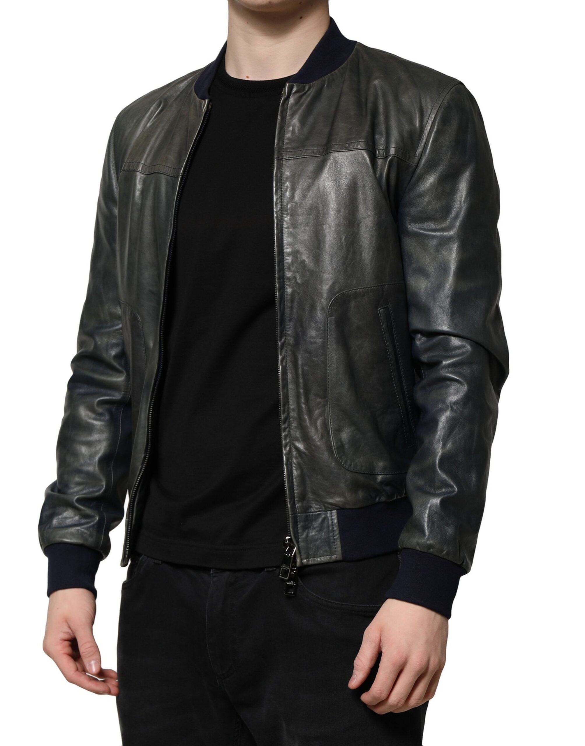 Veste motard entièrement zippée en cuir d'agneau noir Dolce &amp; Gabbana