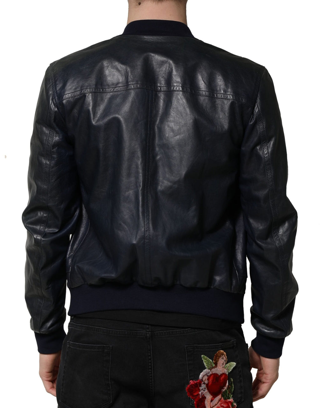 Veste motard entièrement zippée en cuir d'agneau noir Dolce &amp; Gabbana