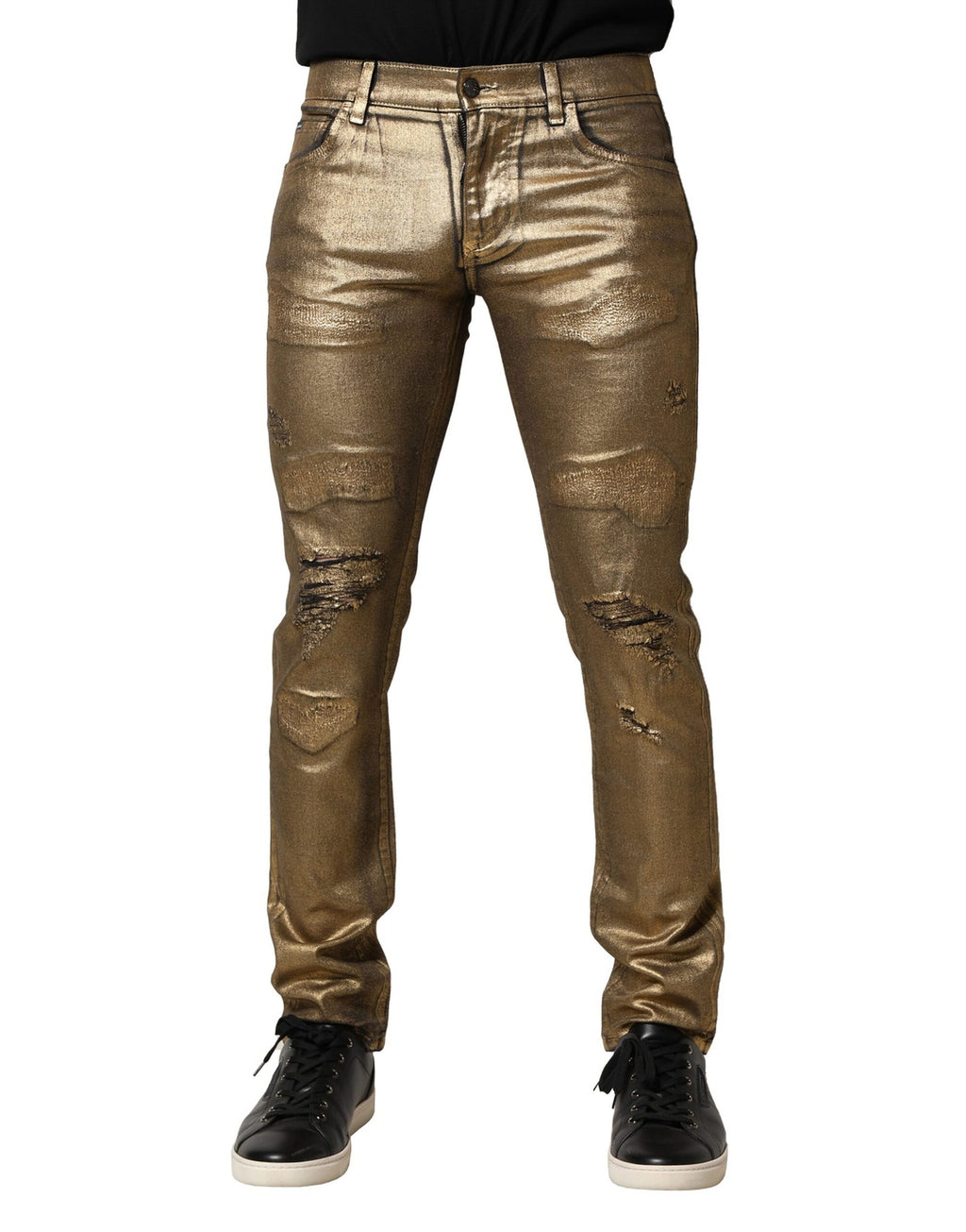 Dolce &amp; Gabbana – Schmal geschnittene Jeans aus zerfetzter Baumwolle mit Stretchanteil in Gold