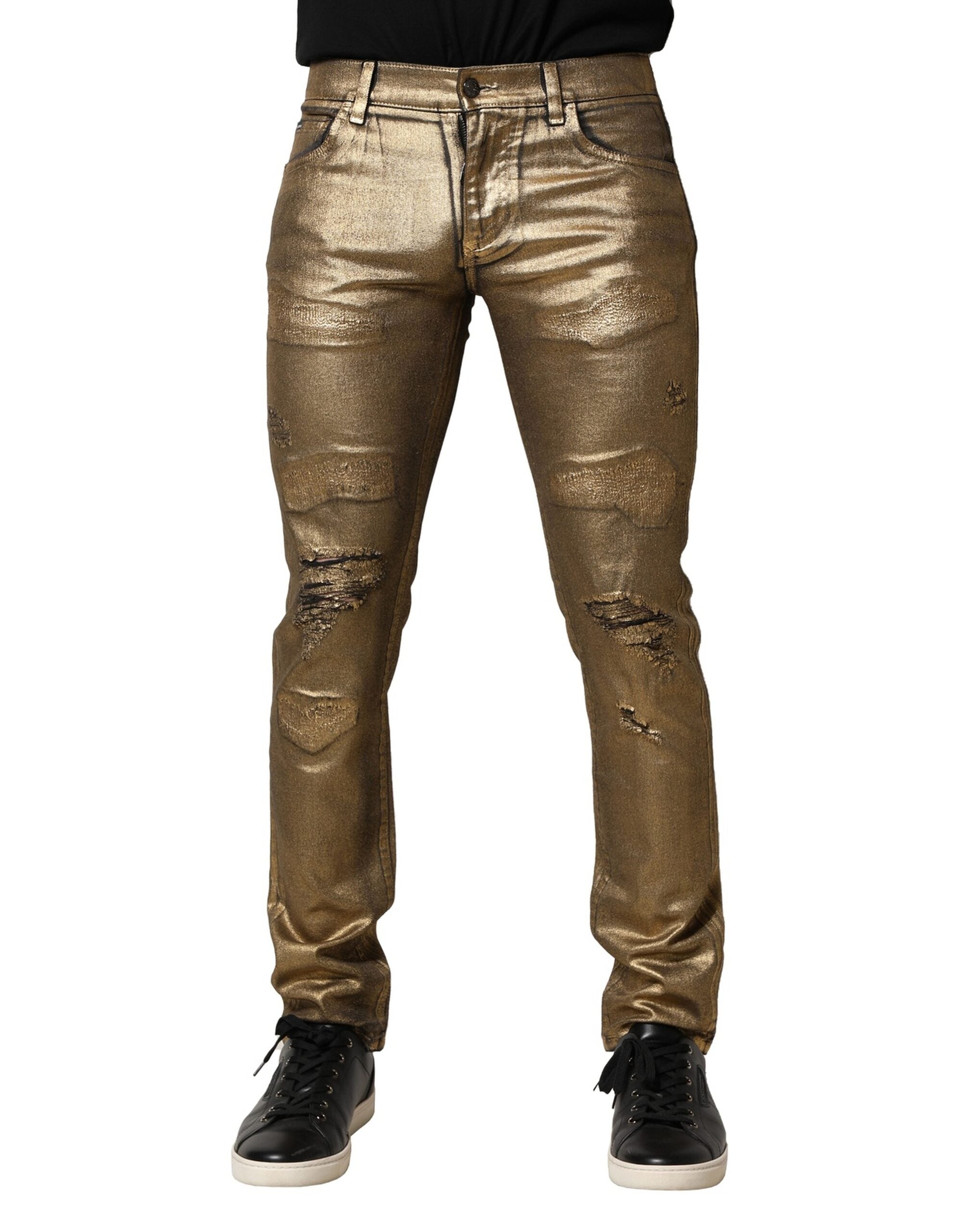 Dolce &amp; Gabbana – Schmal geschnittene Jeans aus zerfetzter Baumwolle mit Stretchanteil in Gold