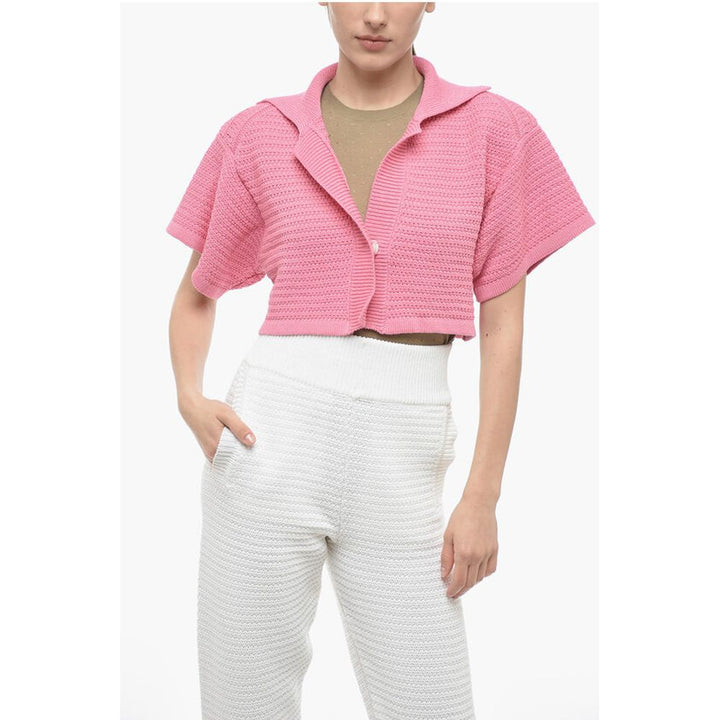 Art Essay Cropped Cotton Knit Short Sleeved Cardigan