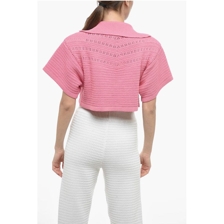 Art Essay Cropped Cotton Knit Short Sleeved Cardigan