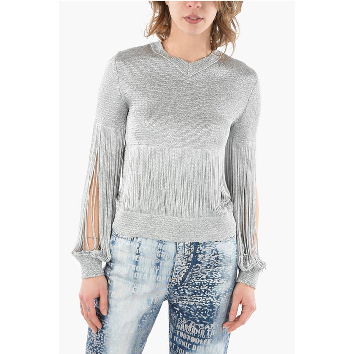 Bottega Veneta Lurex V-Neckline Pullover with Elastic Cuffs