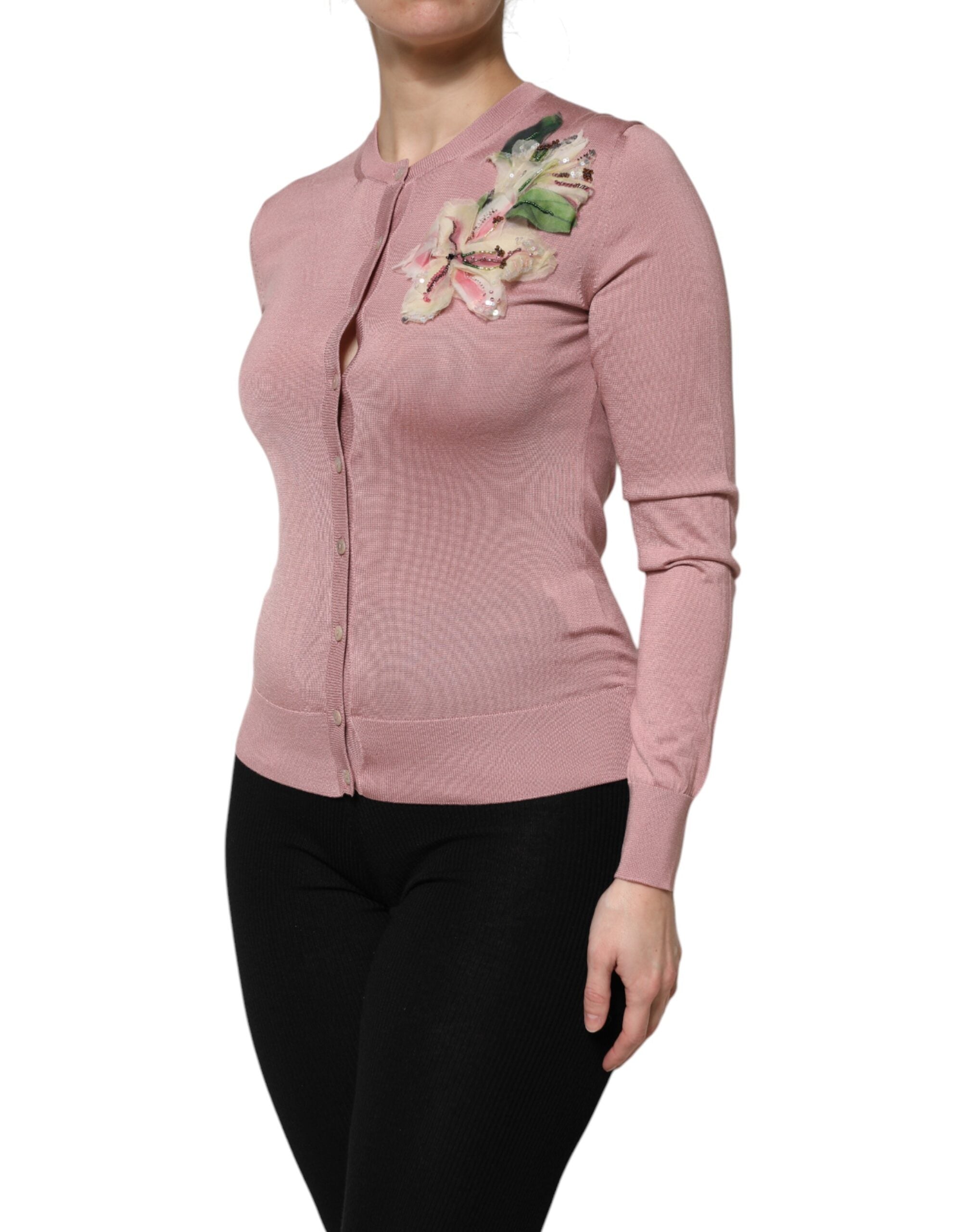 Dolce &amp; Gabbana – Rosa Strickjacke aus Seidenstrick mit Knopfleiste