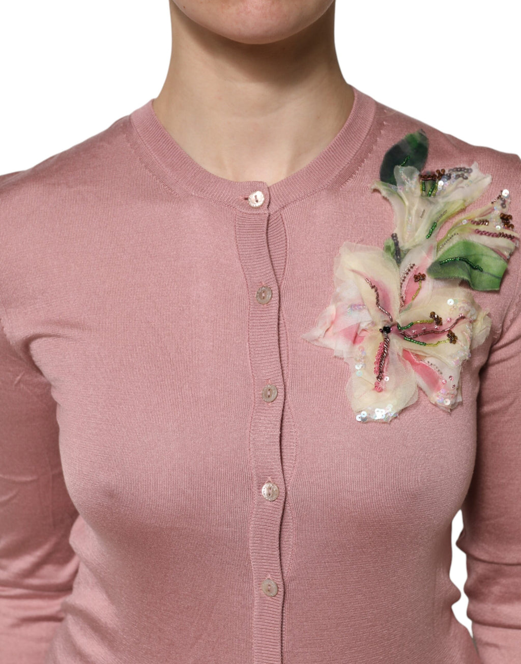 Dolce &amp; Gabbana – Rosa Strickjacke aus Seidenstrick mit Knopfleiste