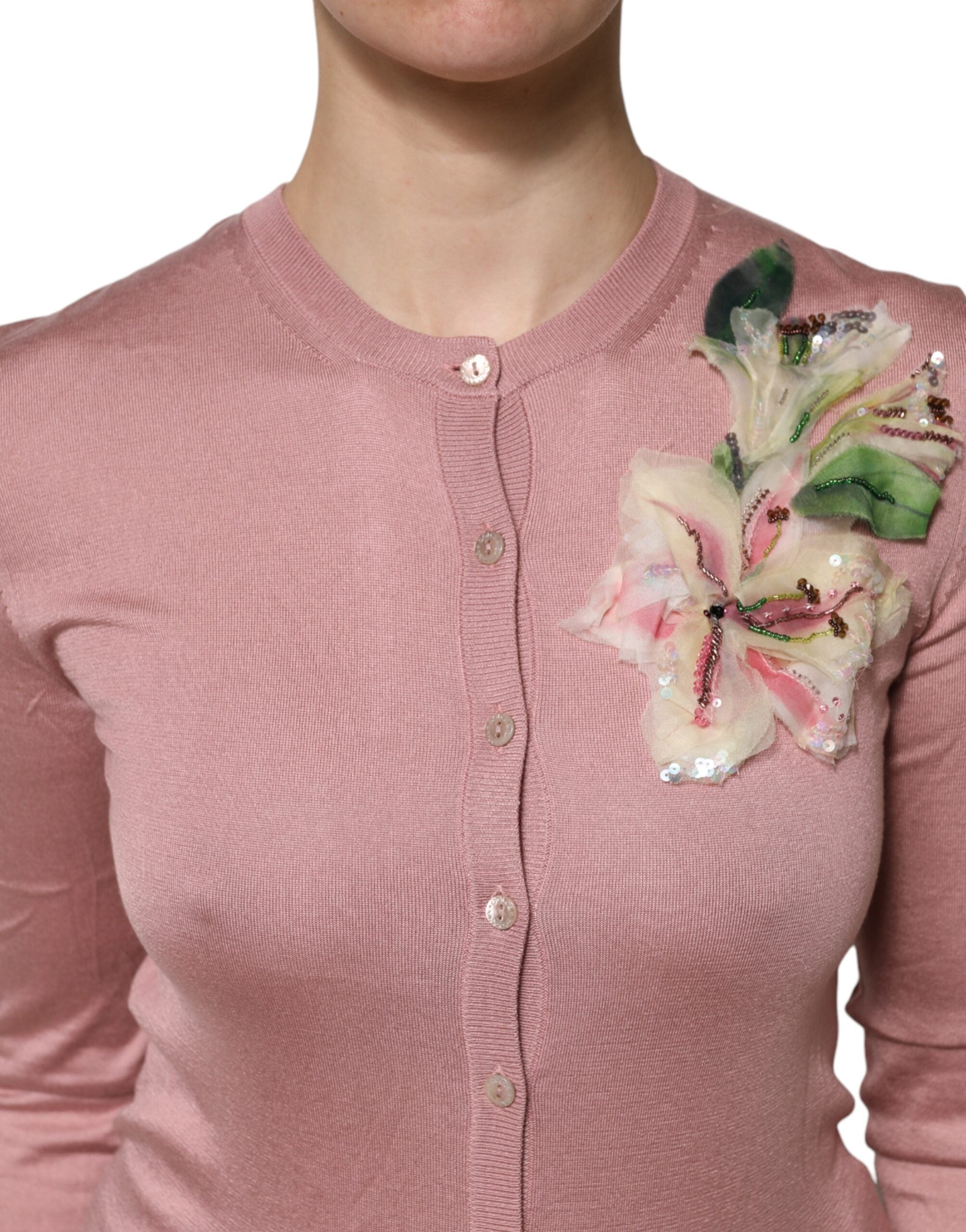 Dolce &amp; Gabbana – Rosa Strickjacke aus Seidenstrick mit Knopfleiste