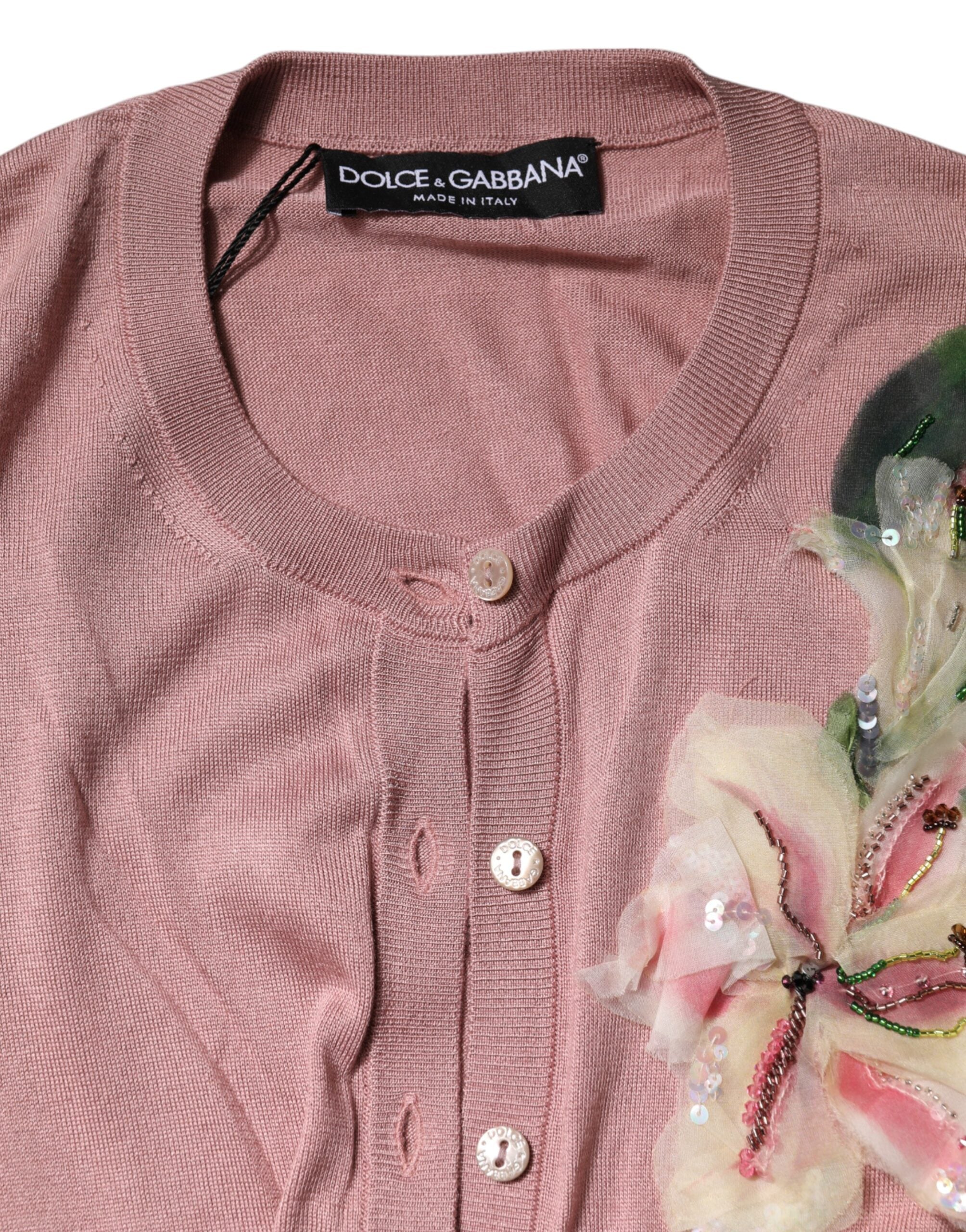 Dolce &amp; Gabbana – Rosa Strickjacke aus Seidenstrick mit Knopfleiste