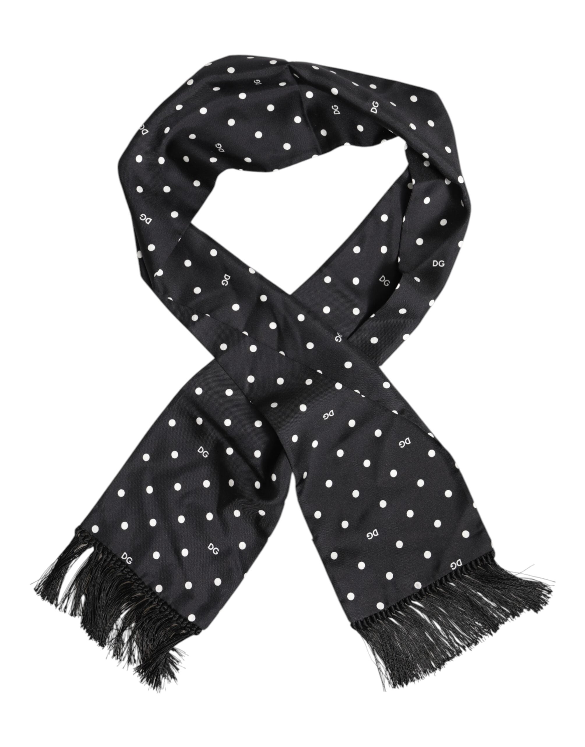 Dolce &amp; Gabbana – Schwarz-weißer Foulard-Schal mit gepunkteten Fransen